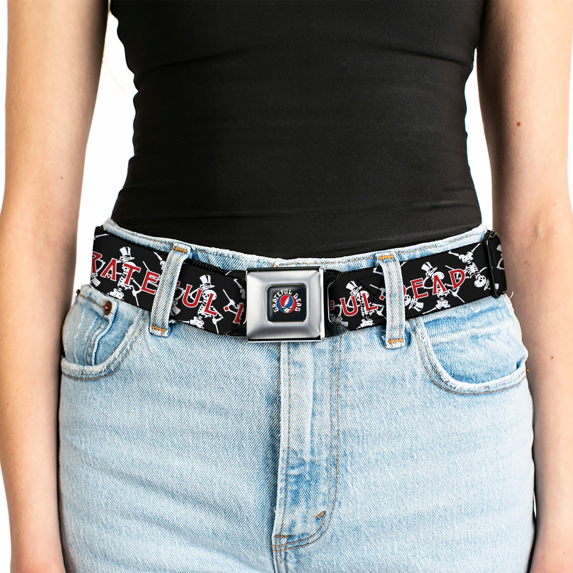 Grateful Dead Seatbelt Belt | Black Text + Dancing Skeletons