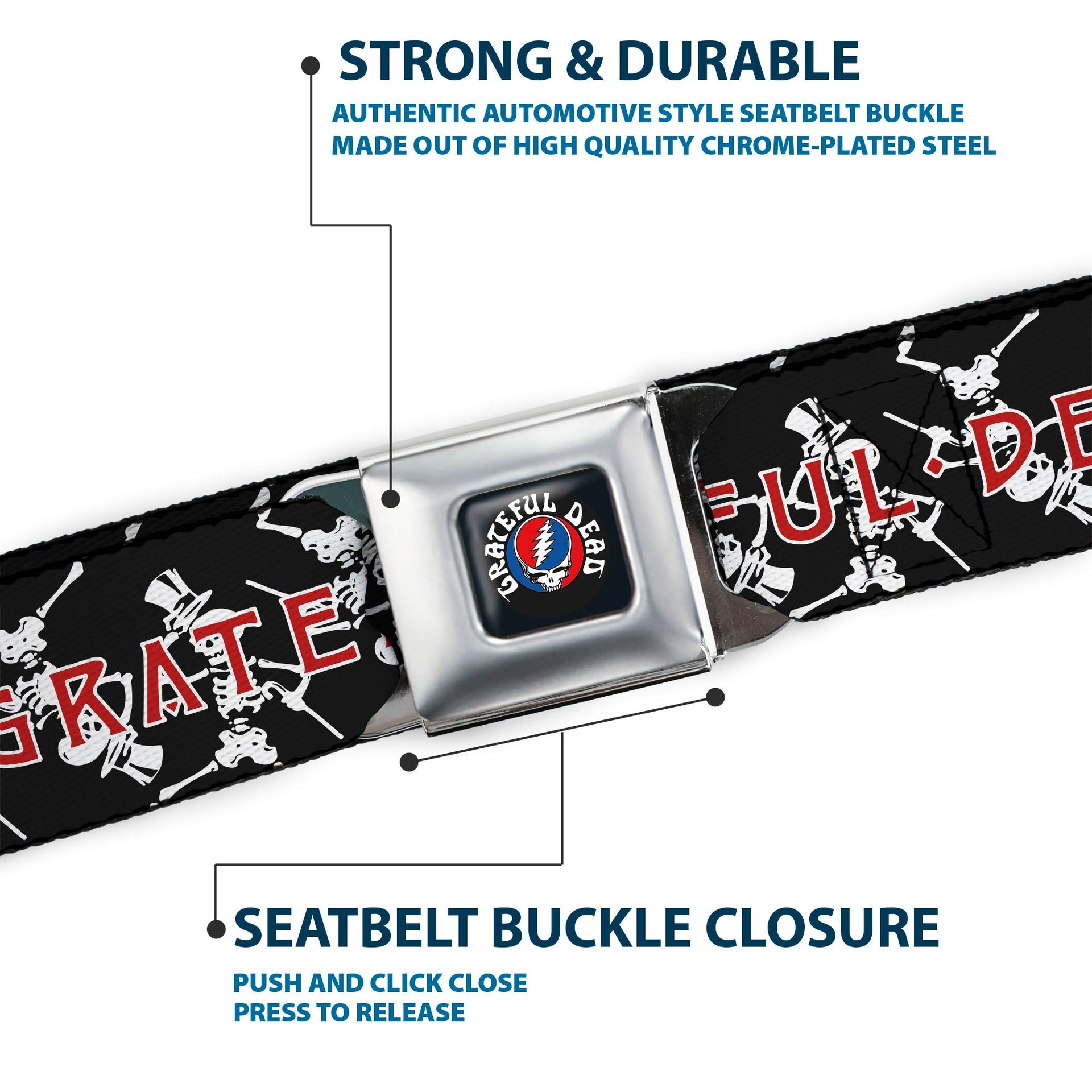 Grateful Dead Seatbelt Belt | Black Text + Dancing Skeletons