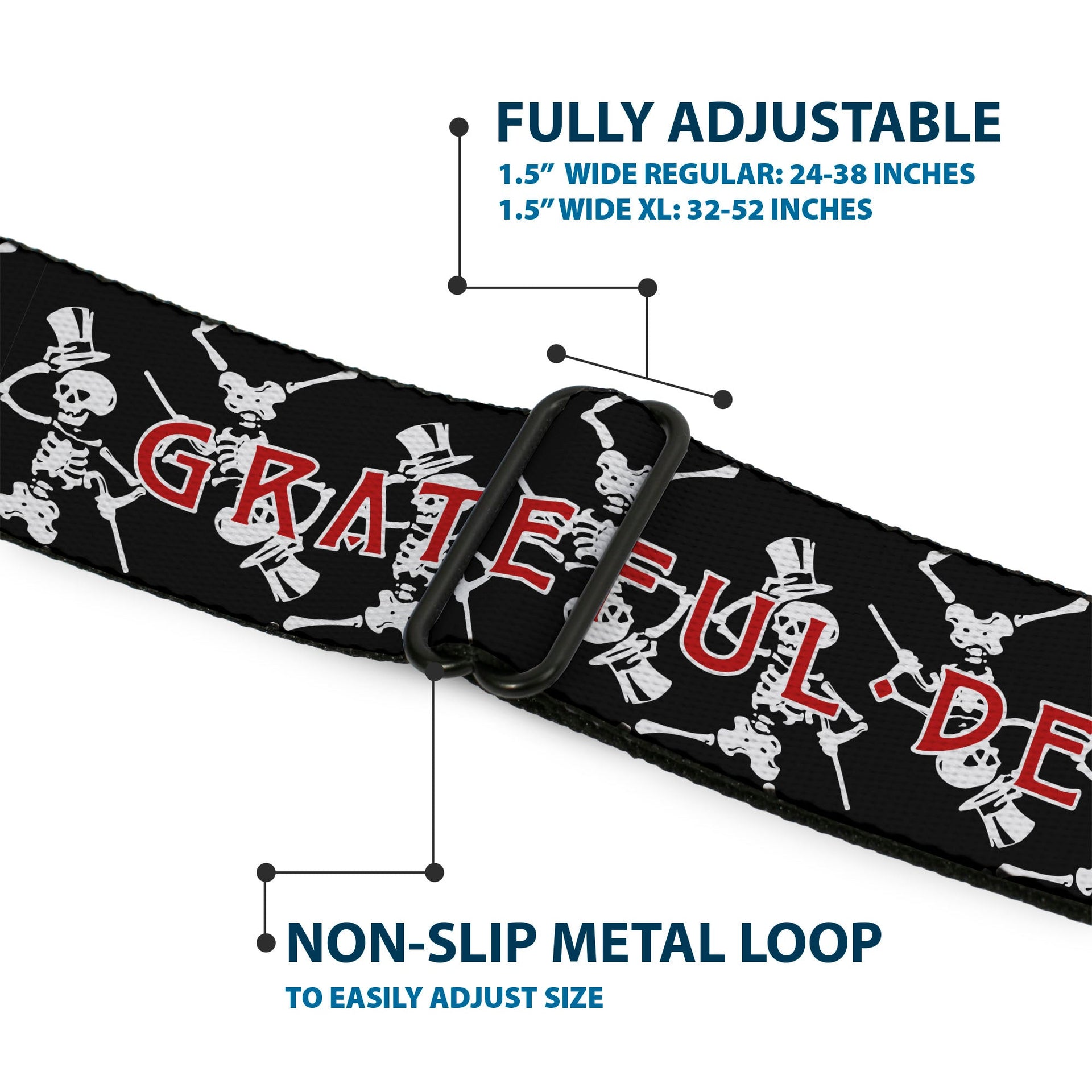 Grateful Dead Seatbelt Belt | Black Text + Dancing Skeletons
