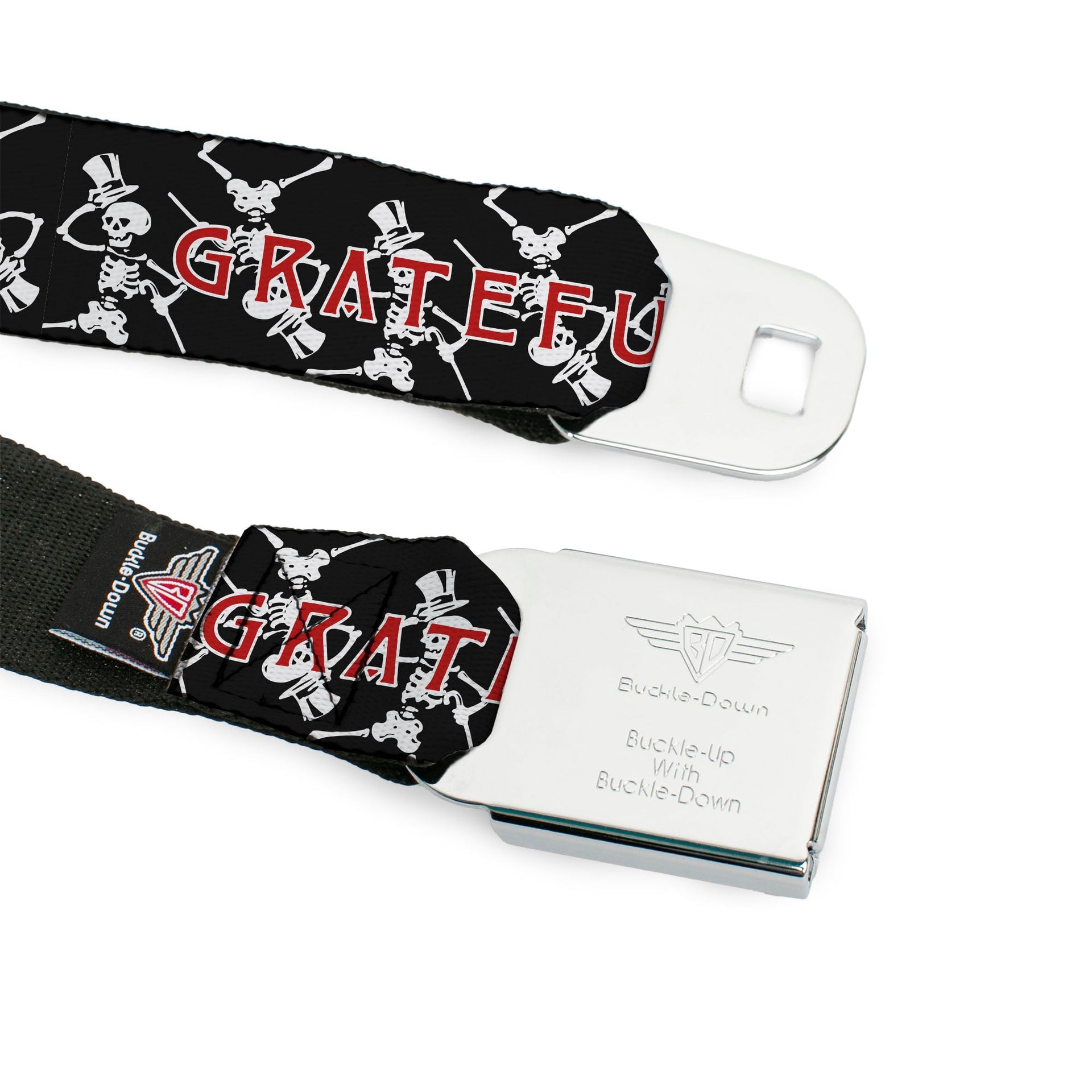 Grateful Dead Seatbelt Belt | Black Text + Dancing Skeletons