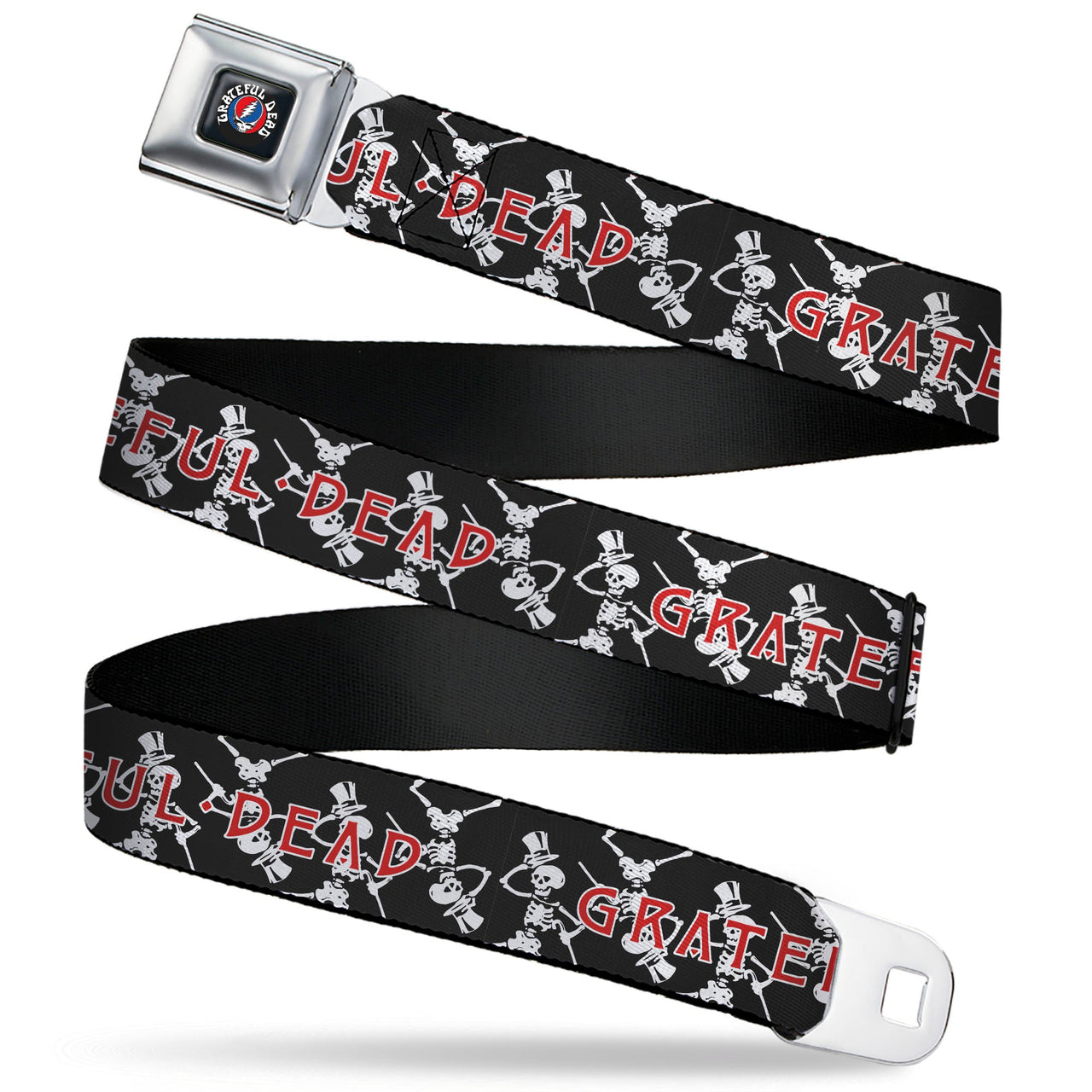 Grateful Dead Seatbelt Belt | Black Text + Dancing Skeletons