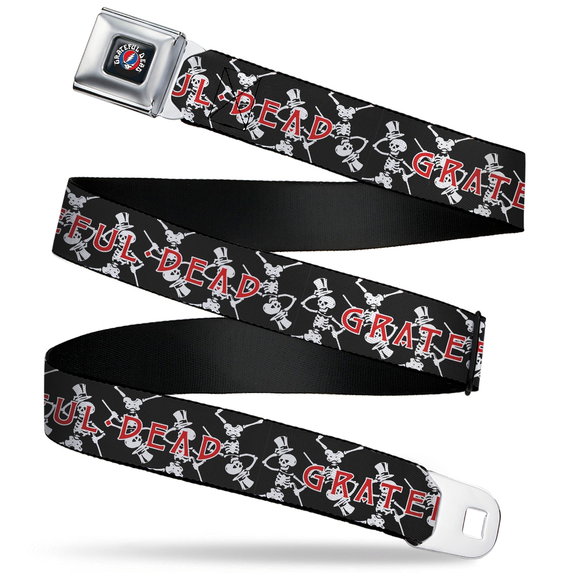 Grateful Dead Seatbelt Belt | Black Text + Dancing Skeletons