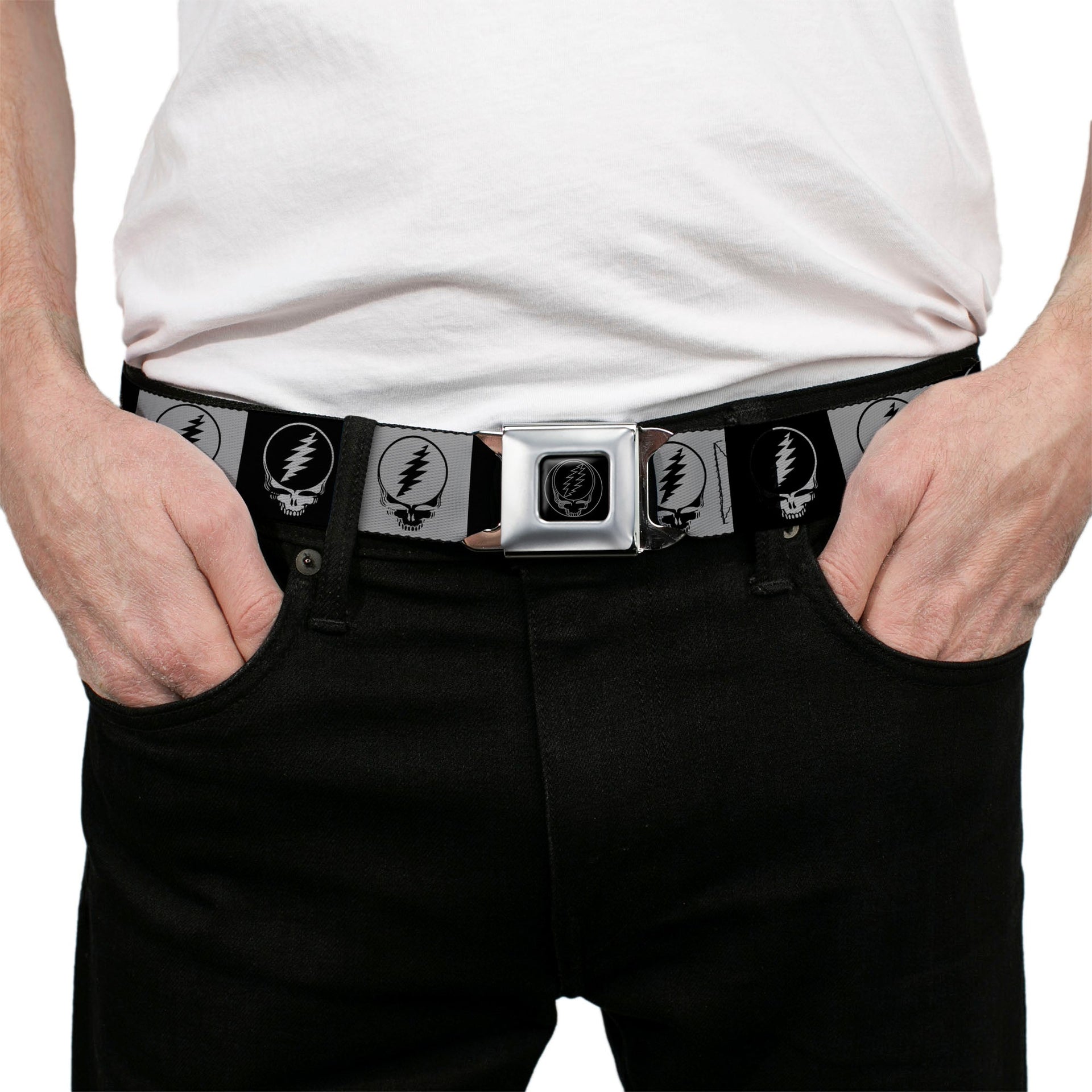 Grateful Dead Seatbelt Belt | Black/White Steal Your Face Blocks