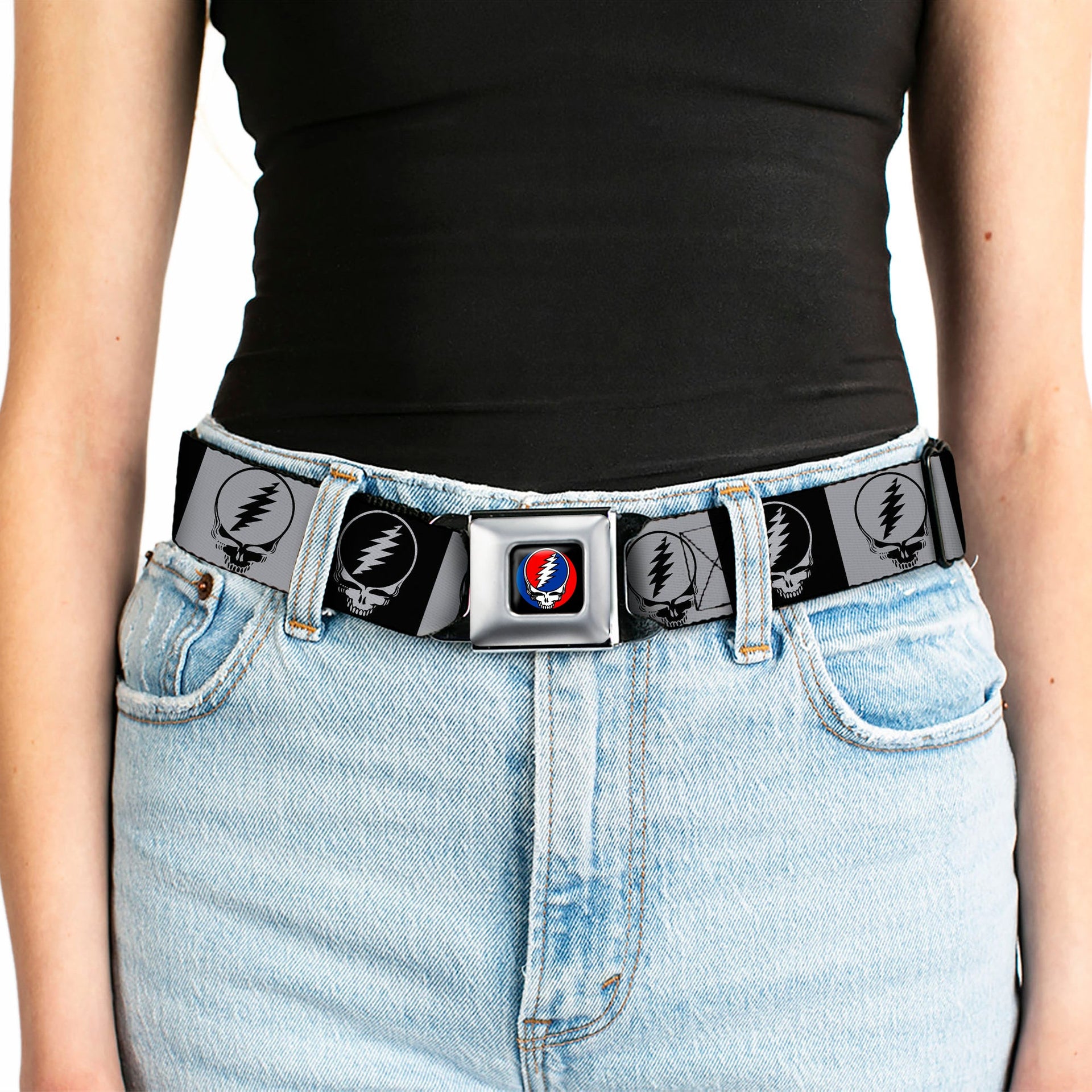 Grateful Dead Seatbelt Belt | Black/White Steal Your Face Blocks