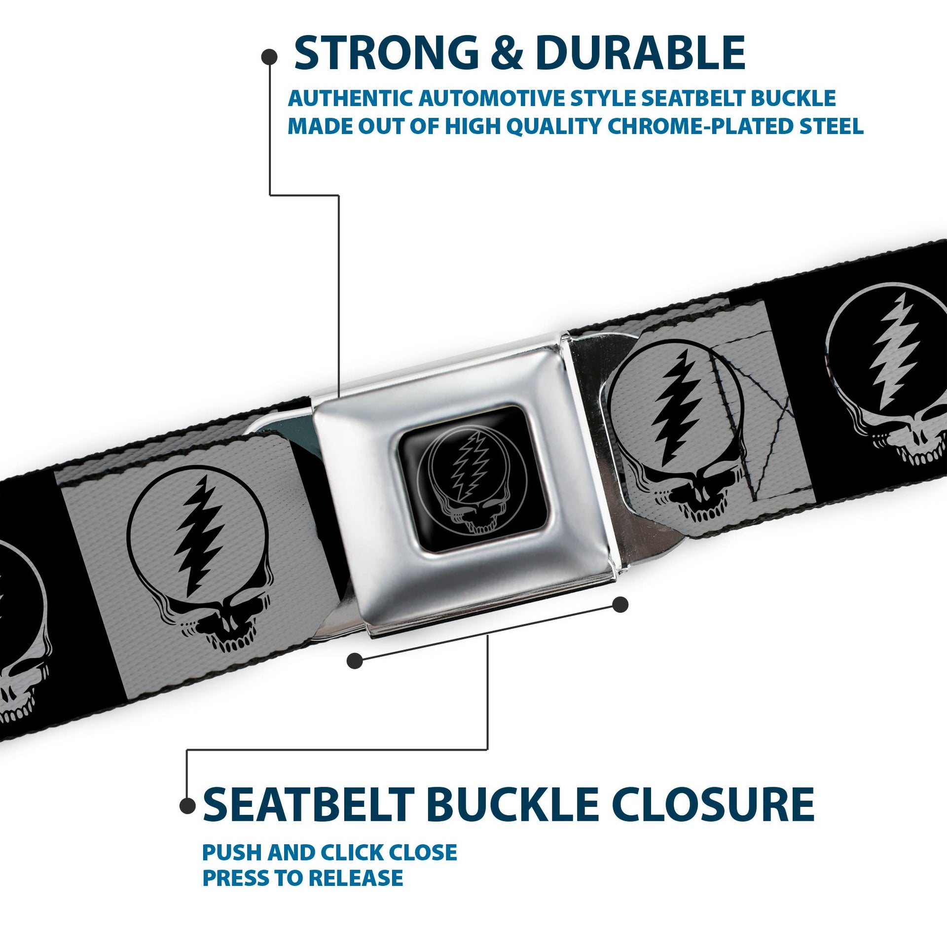 Grateful Dead Seatbelt Belt | Black/White Steal Your Face Blocks