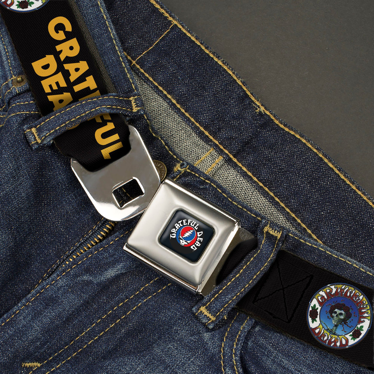 Grateful Dead Seatbelt Belt | Black/Yellow + Skull & Roses