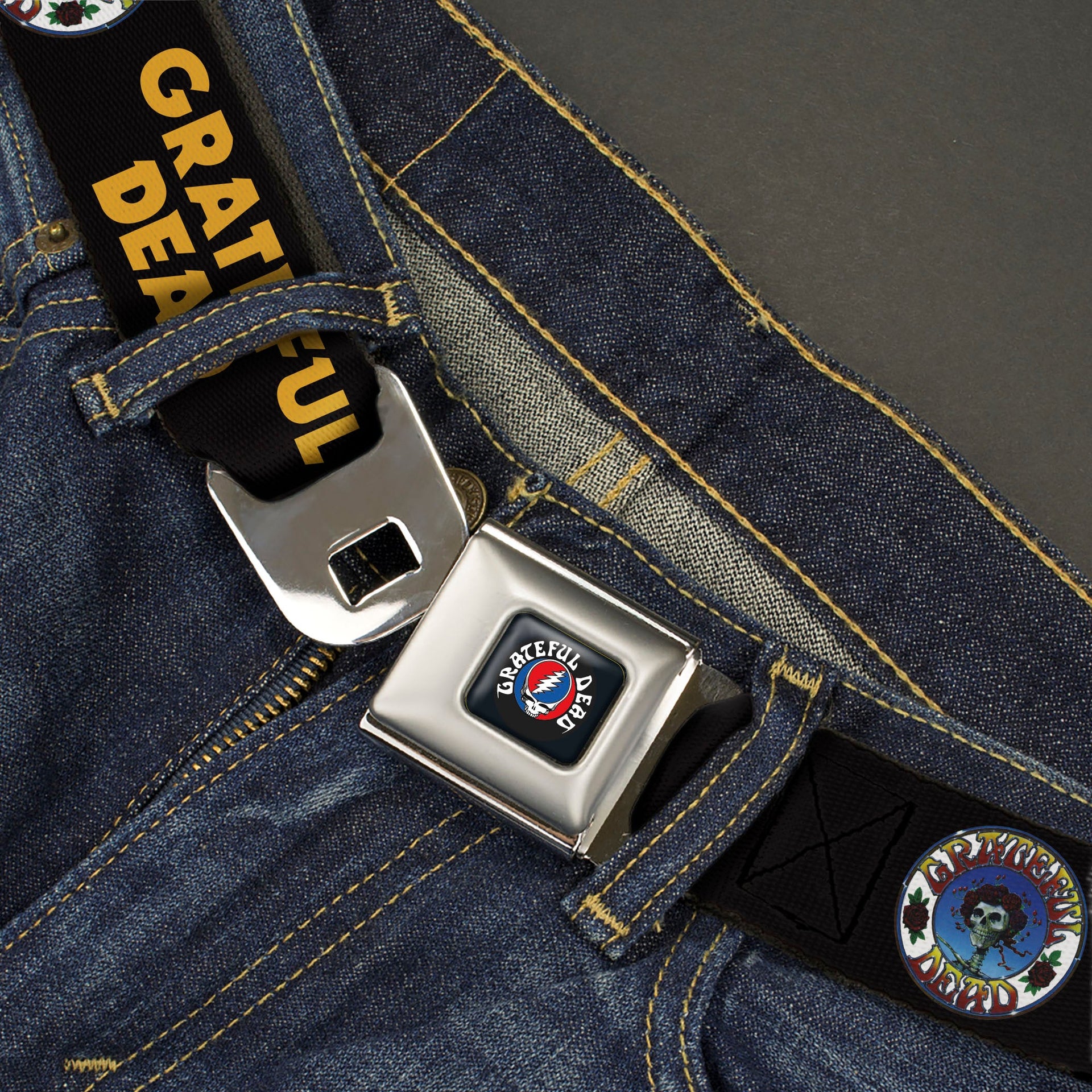 Grateful Dead Seatbelt Belt | Black/Yellow + Skull & Roses