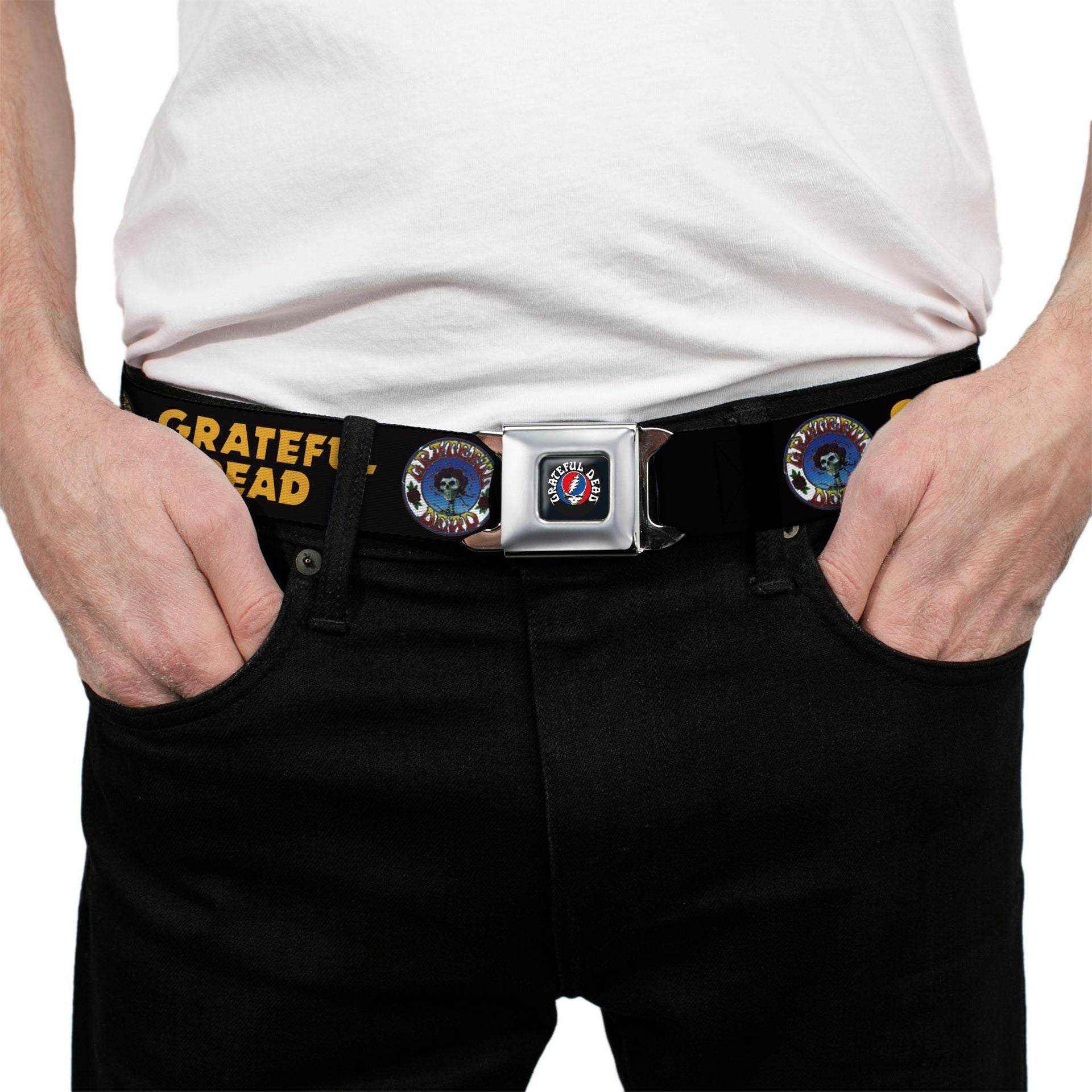 Grateful Dead Seatbelt Belt | Black/Yellow + Skull & Roses