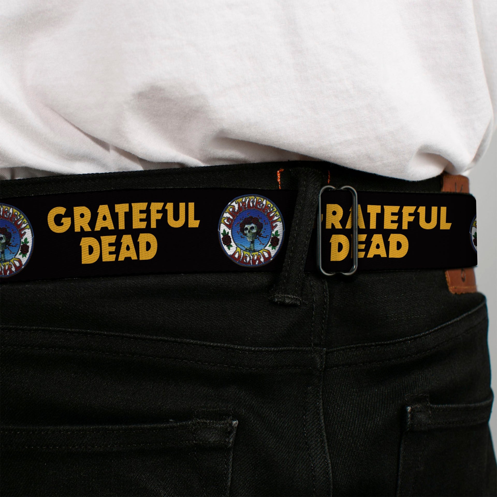 Grateful Dead Seatbelt Belt | Black/Yellow + Skull & Roses
