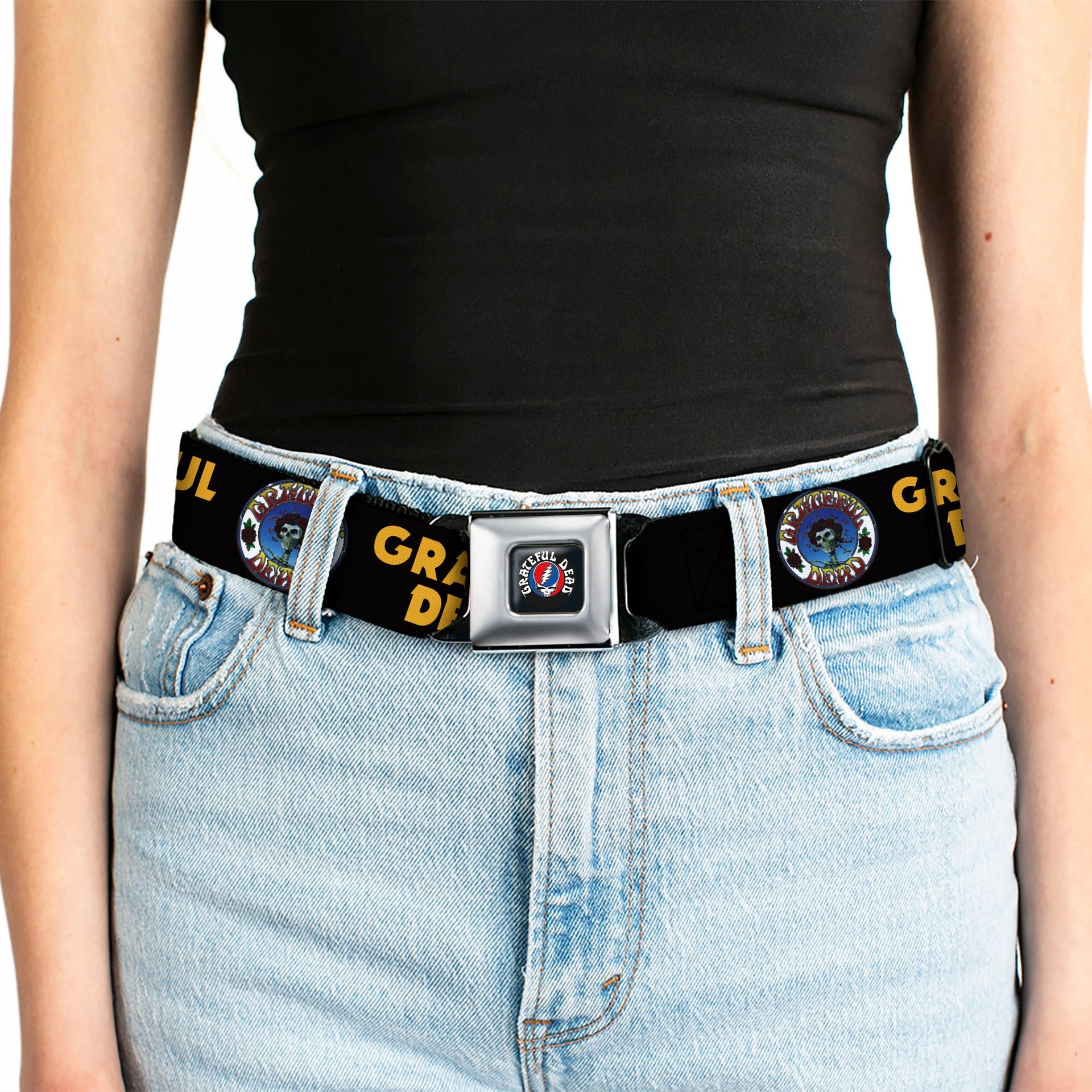 Grateful Dead Seatbelt Belt | Black/Yellow + Skull & Roses