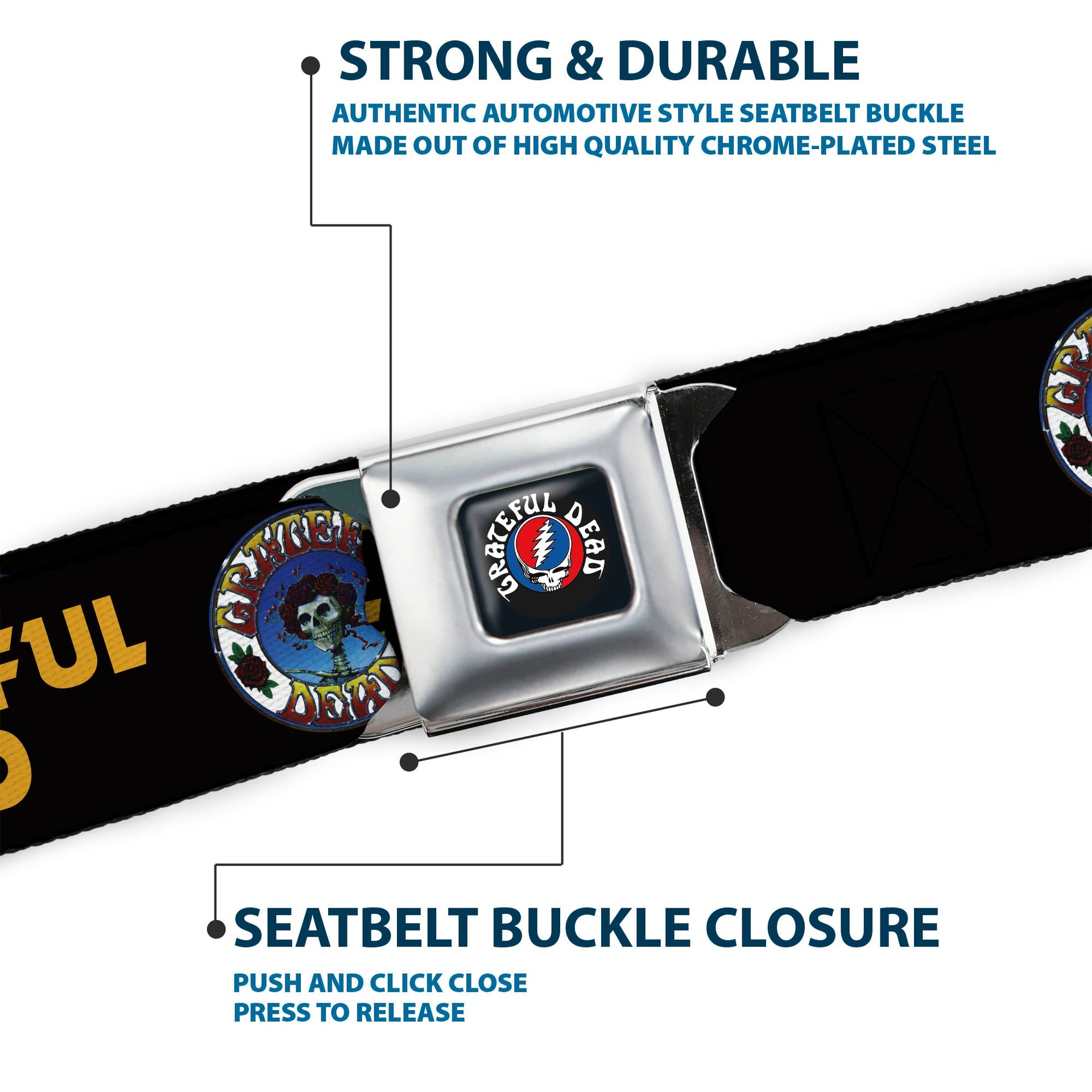 Grateful Dead Seatbelt Belt | Black/Yellow + Skull & Roses