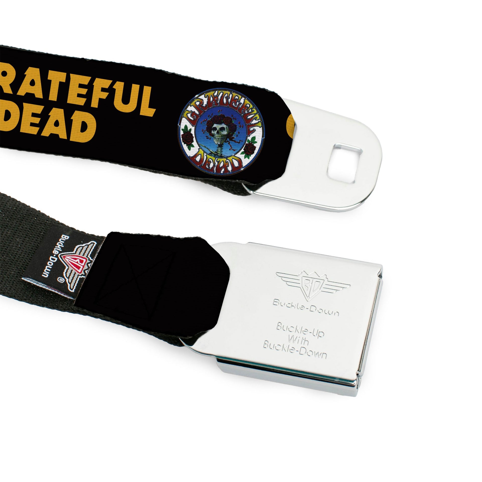Grateful Dead Seatbelt Belt | Black/Yellow + Skull & Roses
