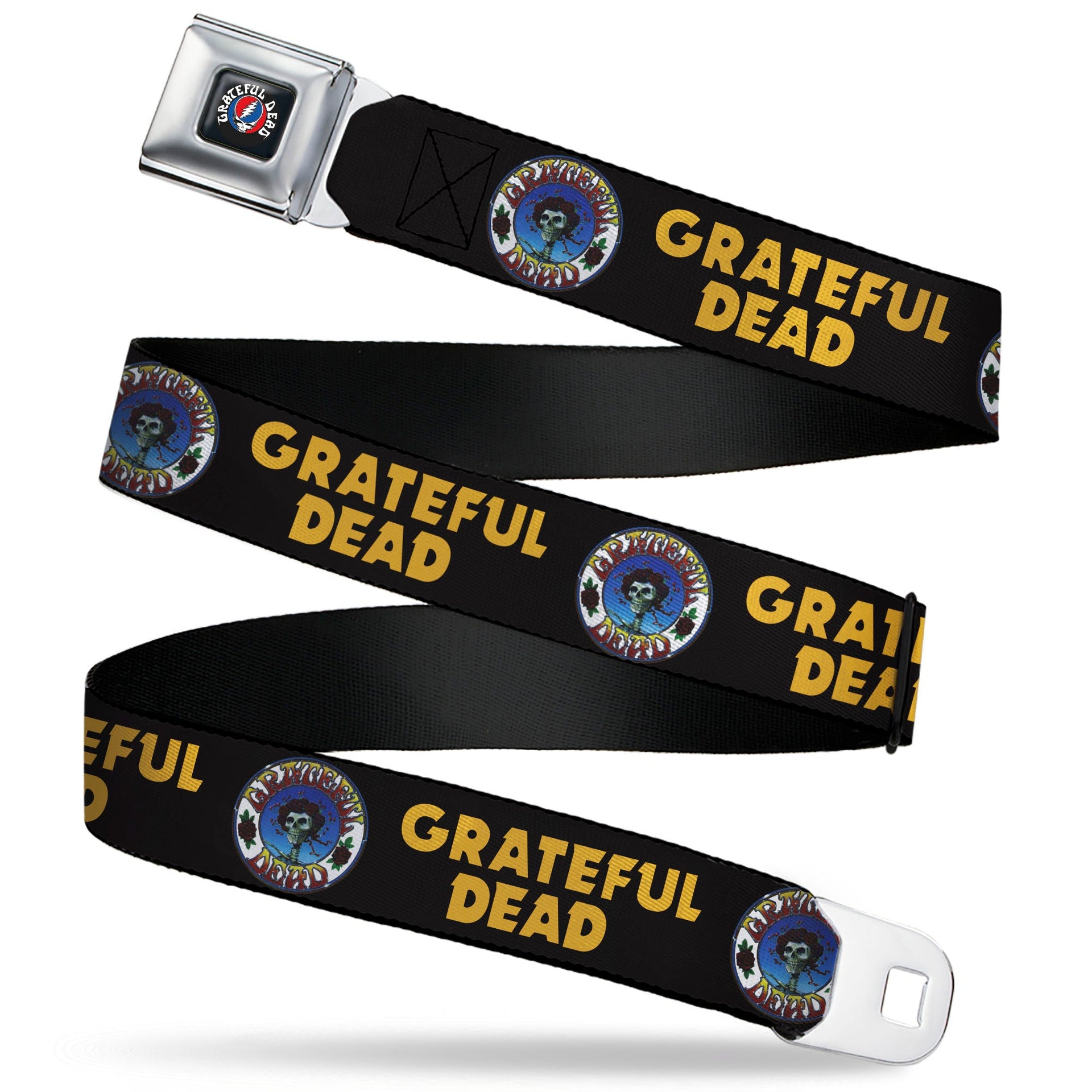 Grateful Dead Seatbelt Belt | Black/Yellow + Skull & Roses
