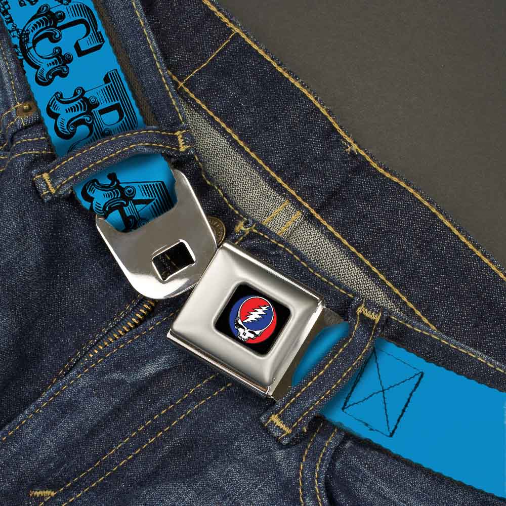 Grateful Dead Seatbelt Belt | Blue/Black Text + Skull & Roses