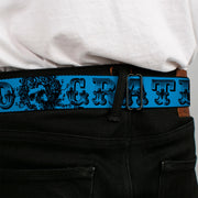 Grateful Dead Seatbelt Belt | Blue/Black Text + Skull & Roses