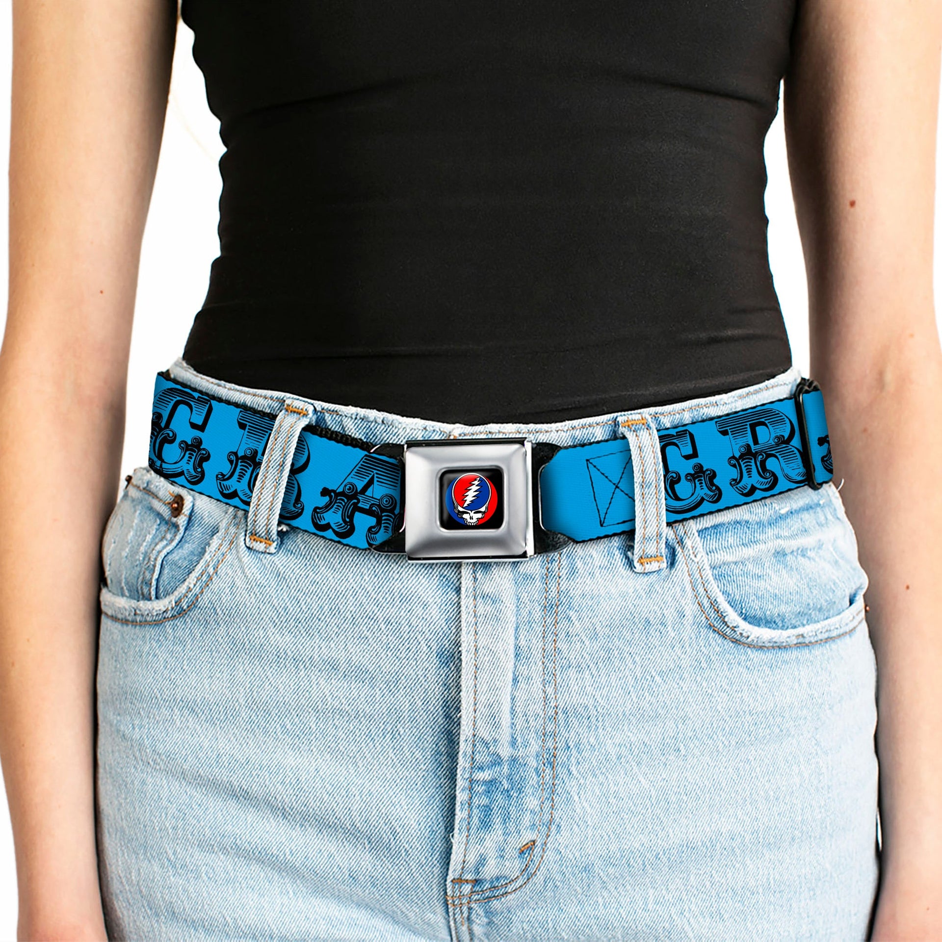 Grateful Dead Seatbelt Belt | Blue/Black Text + Skull & Roses