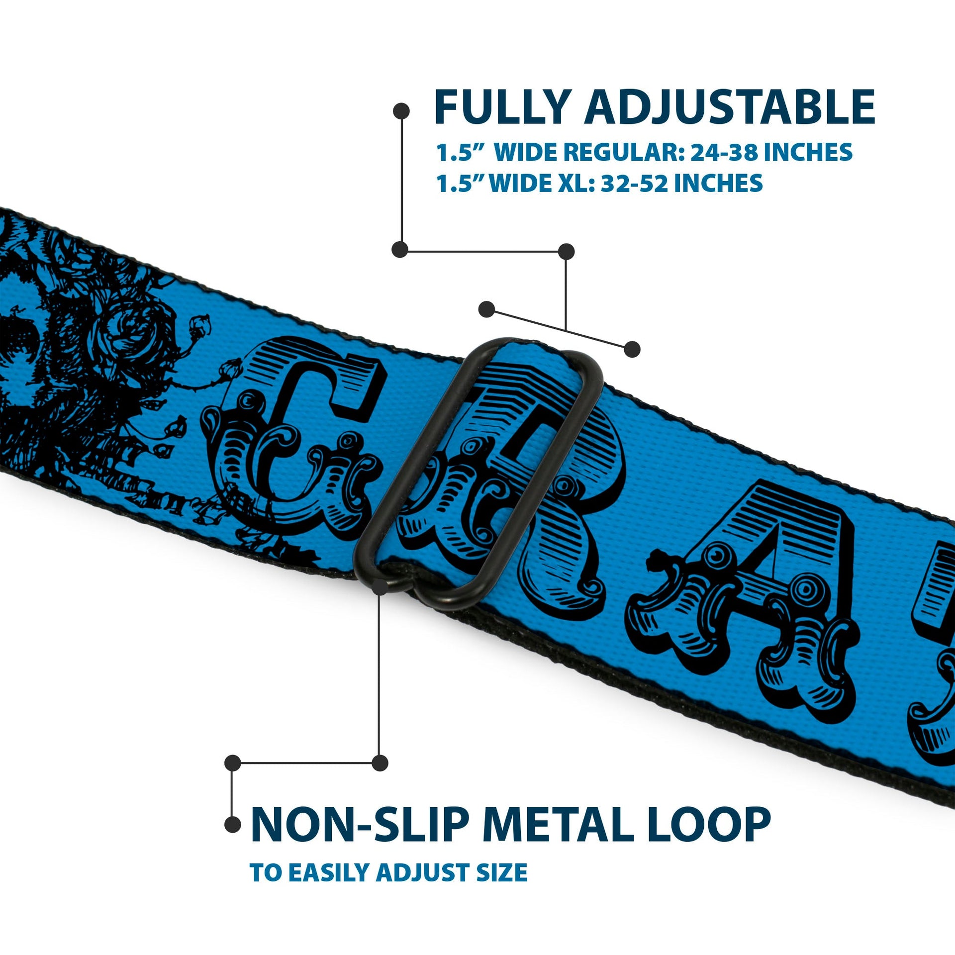 Grateful Dead Seatbelt Belt | Blue/Black Text + Skull & Roses
