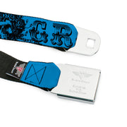 Grateful Dead Seatbelt Belt | Blue/Black Text + Skull & Roses