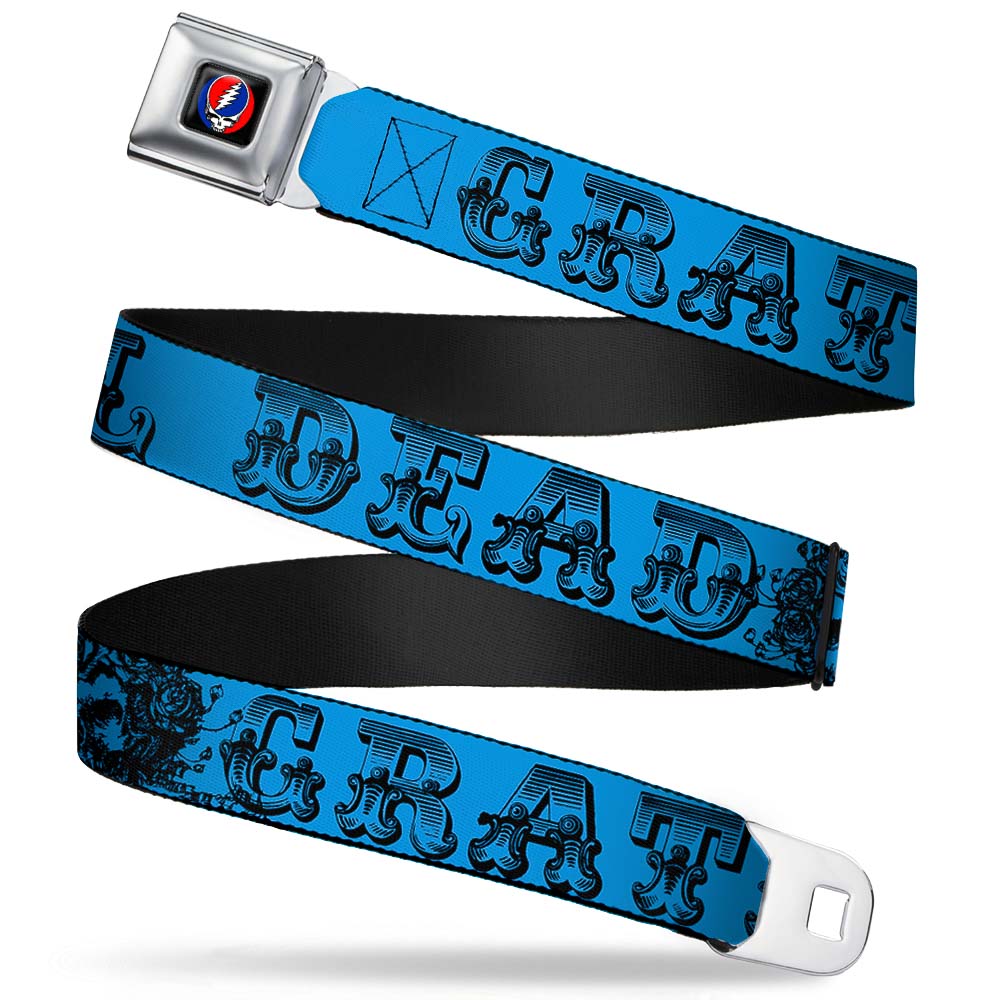 Grateful Dead Seatbelt Belt | Blue/Black Text + Skull & Roses