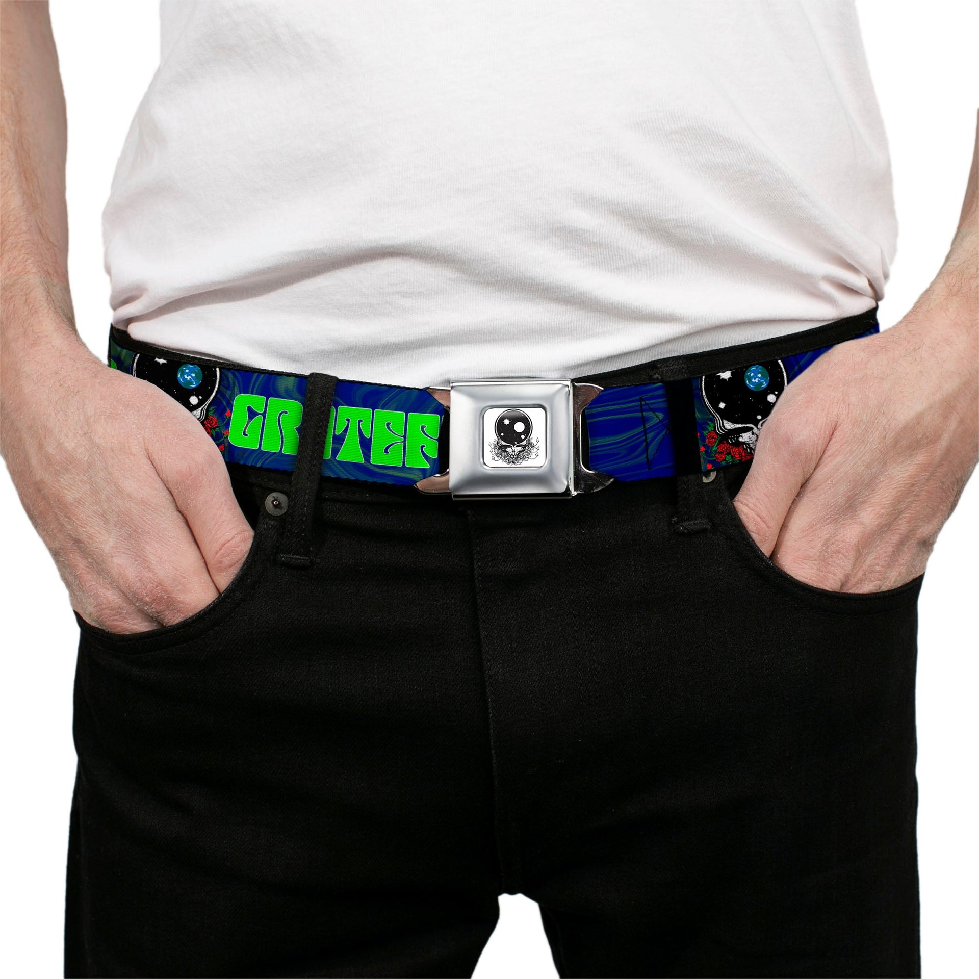 Grateful Dead Seatbelt Belt | Blue/Green Text + Space Your Face