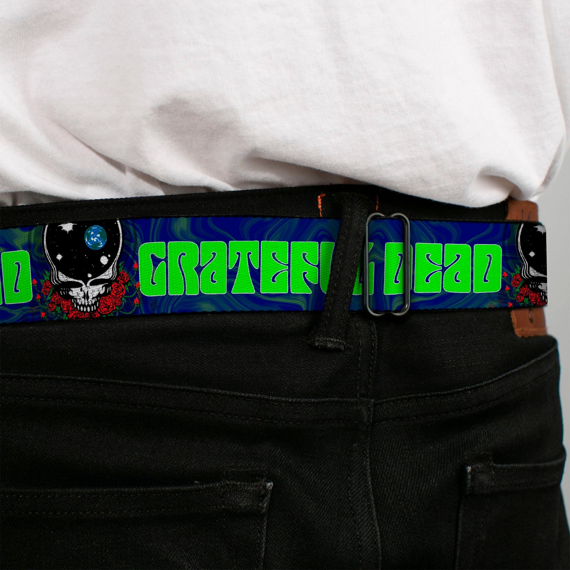 Grateful Dead Seatbelt Belt | Blue/Green Text + Space Your Face