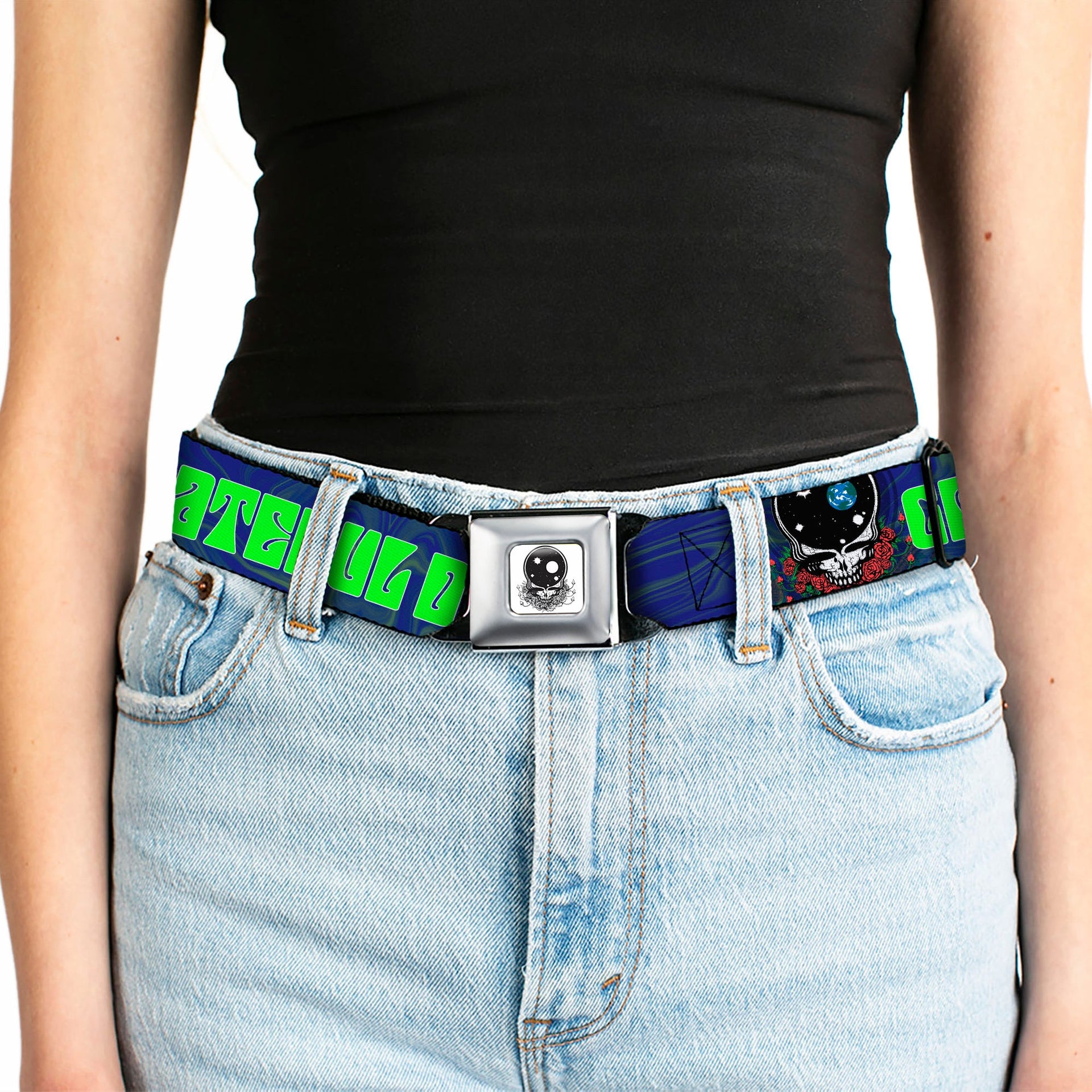 Grateful Dead Seatbelt Belt | Blue/Green Text + Space Your Face
