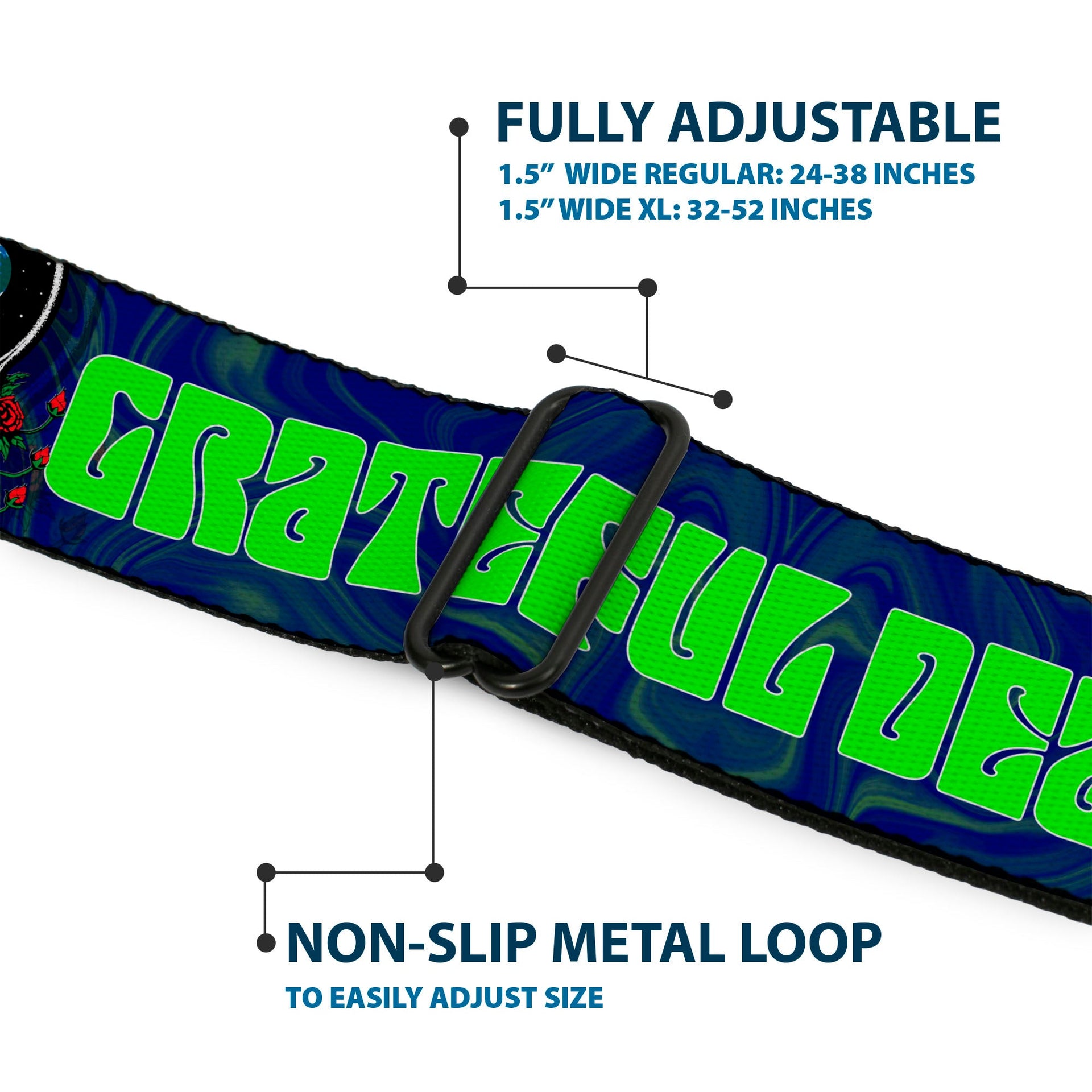 Grateful Dead Seatbelt Belt | Blue/Green Text + Space Your Face