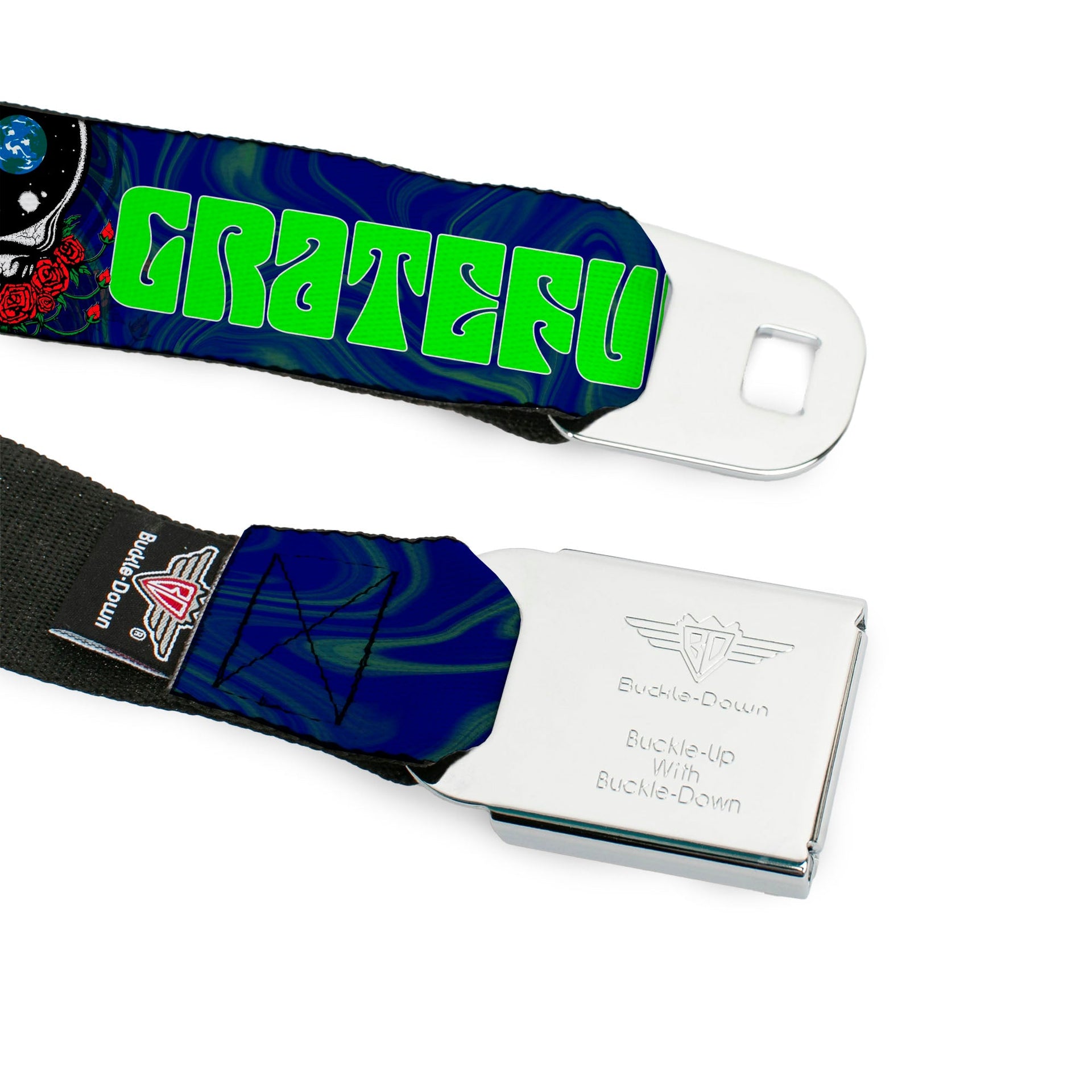 Grateful Dead Seatbelt Belt | Blue/Green Text + Space Your Face