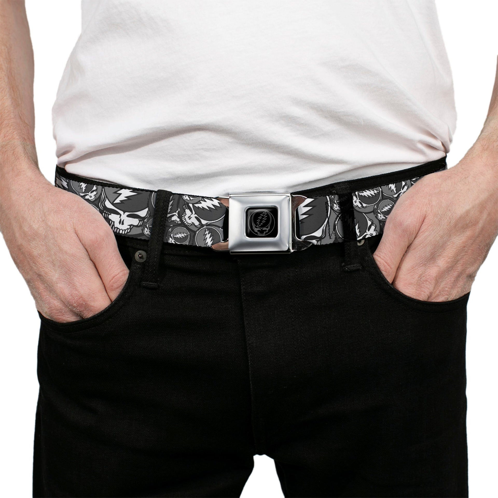 Grateful Dead Seatbelt Belt | Gray Steal Your Face Stacked