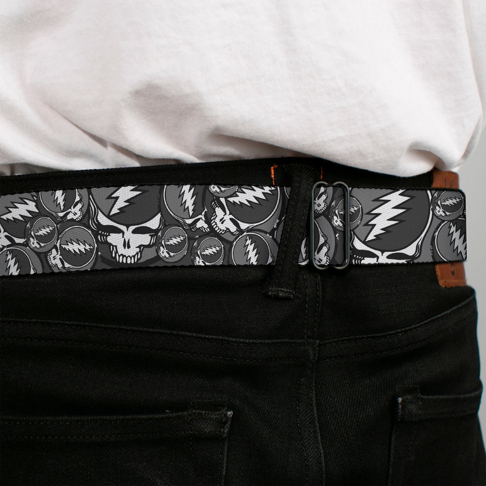 Grateful Dead Seatbelt Belt | Gray Steal Your Face Stacked