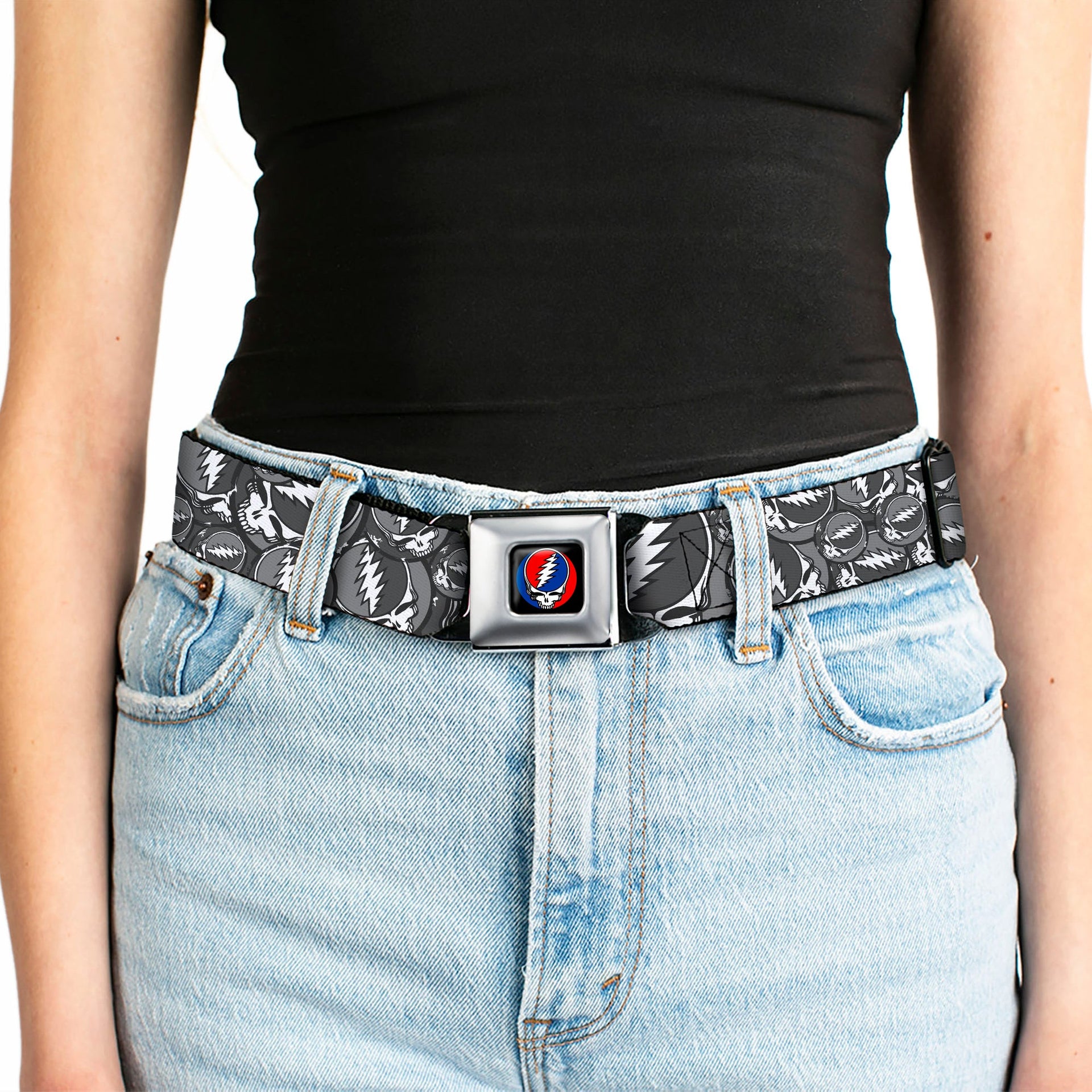 Grateful Dead Seatbelt Belt | Gray Steal Your Face Stacked