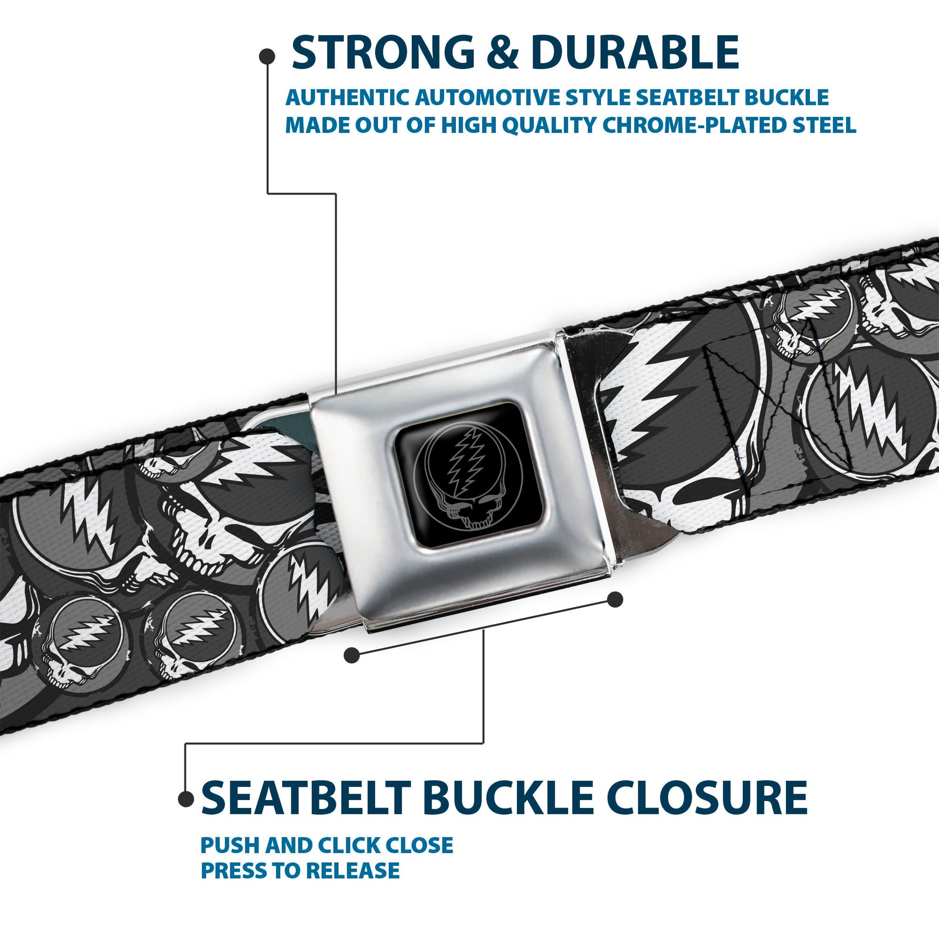 Grateful Dead Seatbelt Belt | Gray Steal Your Face Stacked