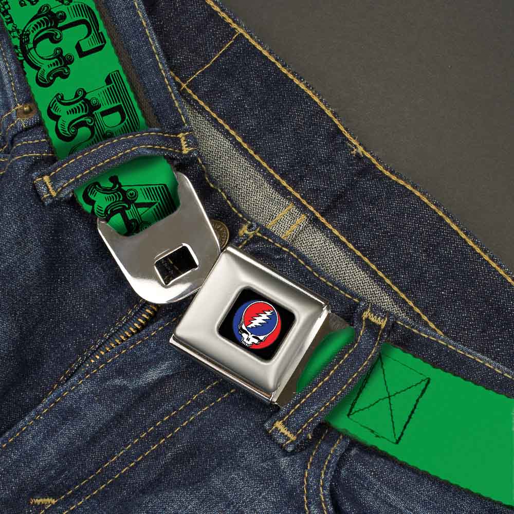 Grateful Dead Seatbelt Belt | Green/Black Text + Skull & Roses
