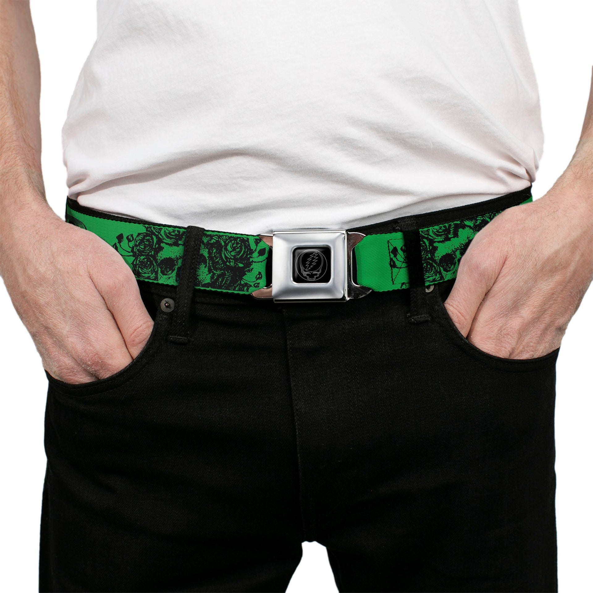 Grateful Dead Seatbelt Belt | Green/Black Text + Skull & Roses