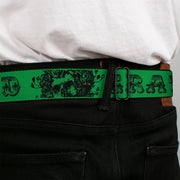 Grateful Dead Seatbelt Belt | Green/Black Text + Skull & Roses