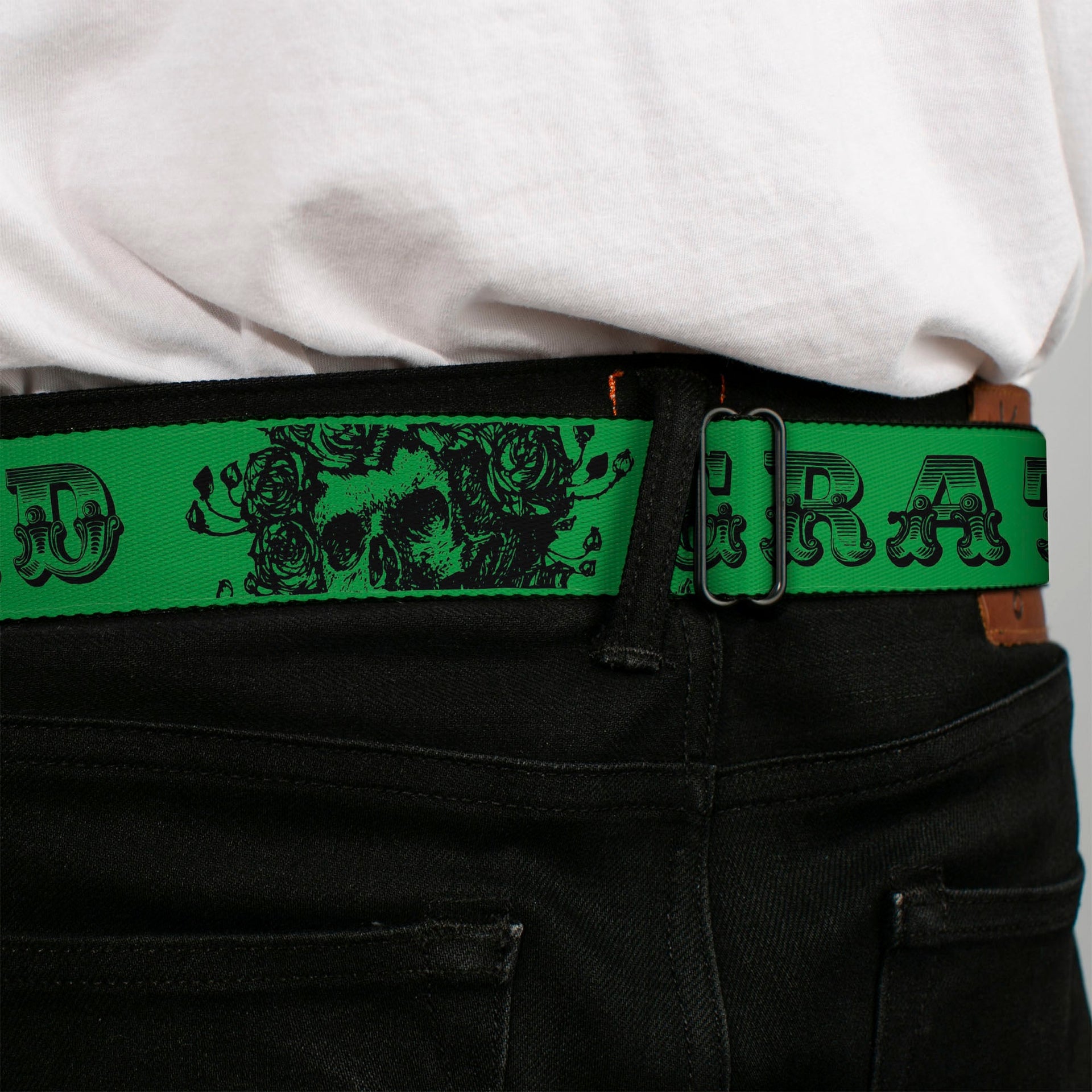 Grateful Dead Seatbelt Belt | Green/Black Text + Skull & Roses