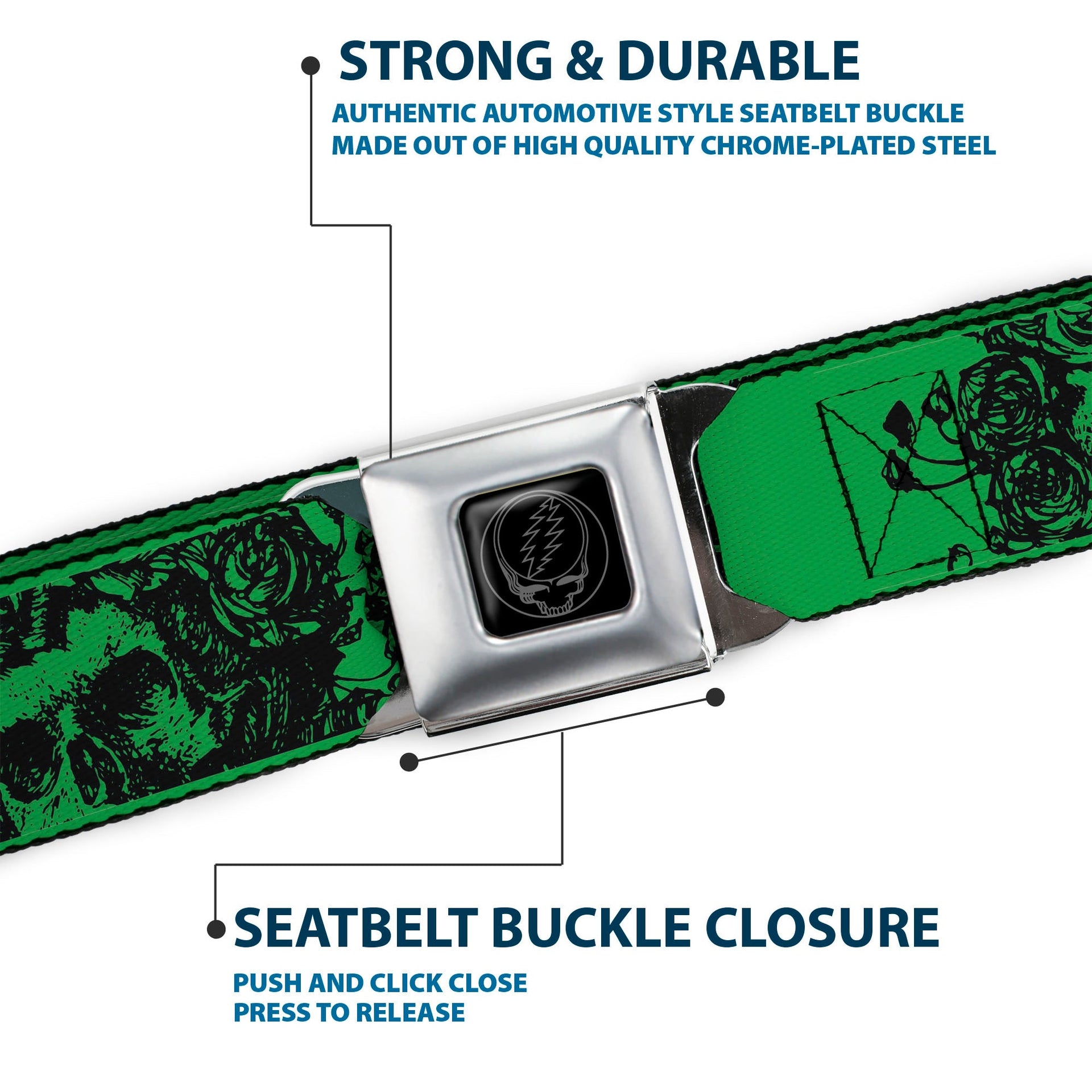Grateful Dead Seatbelt Belt | Green/Black Text + Skull & Roses