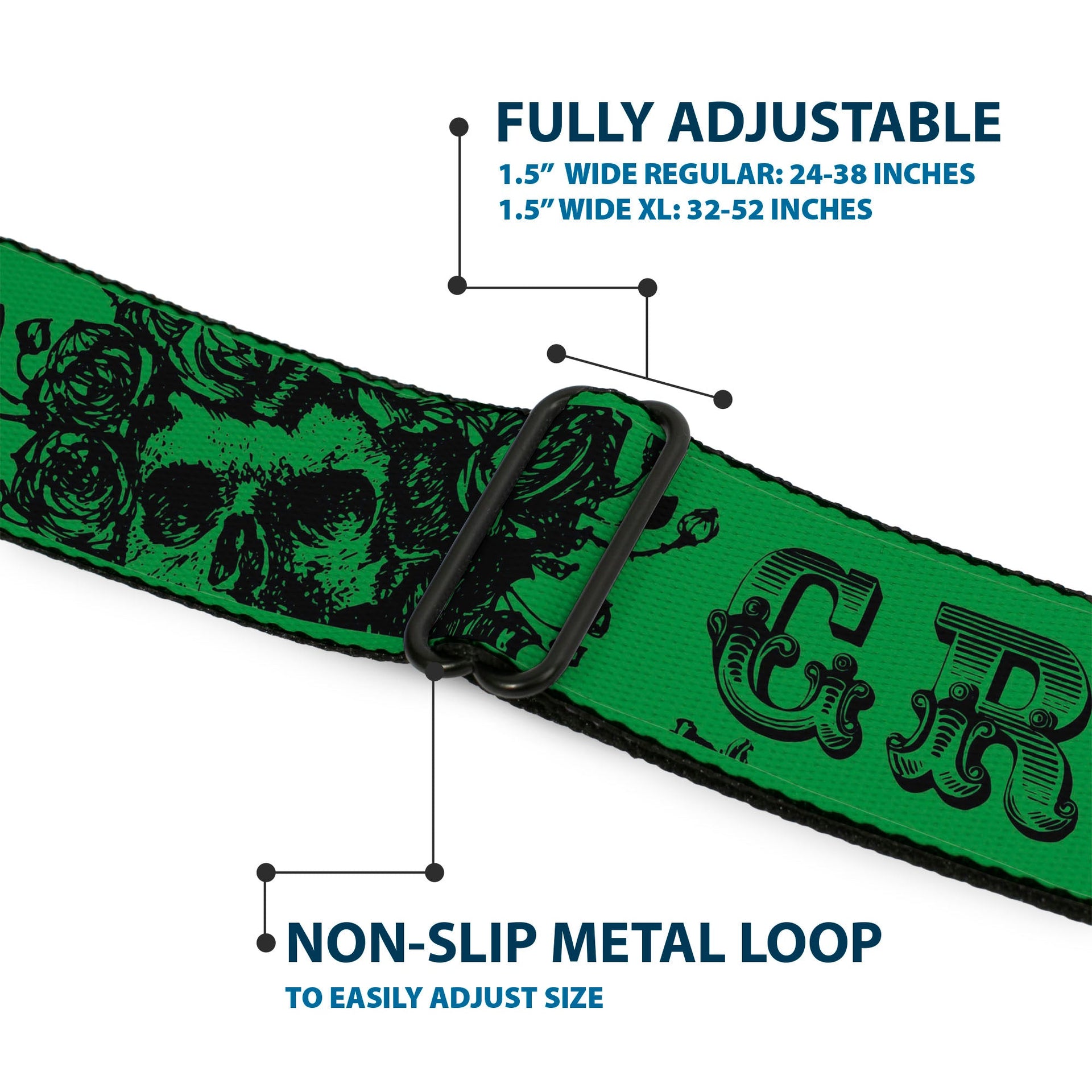 Grateful Dead Seatbelt Belt | Green/Black Text + Skull & Roses