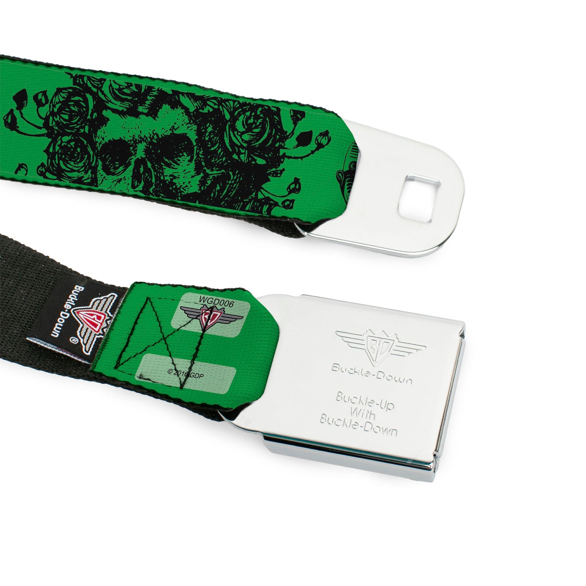 Grateful Dead Seatbelt Belt | Green/Black Text + Skull & Roses