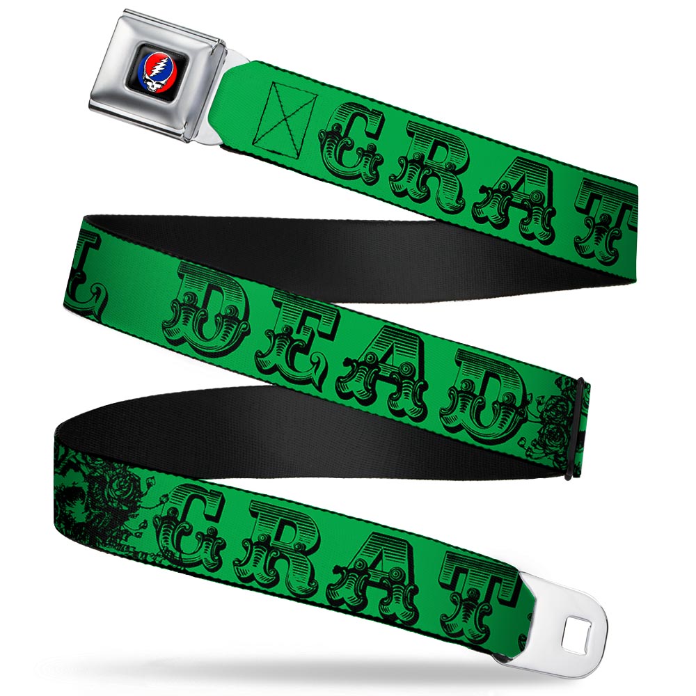 Grateful Dead Seatbelt Belt | Green/Black Text + Skull & Roses