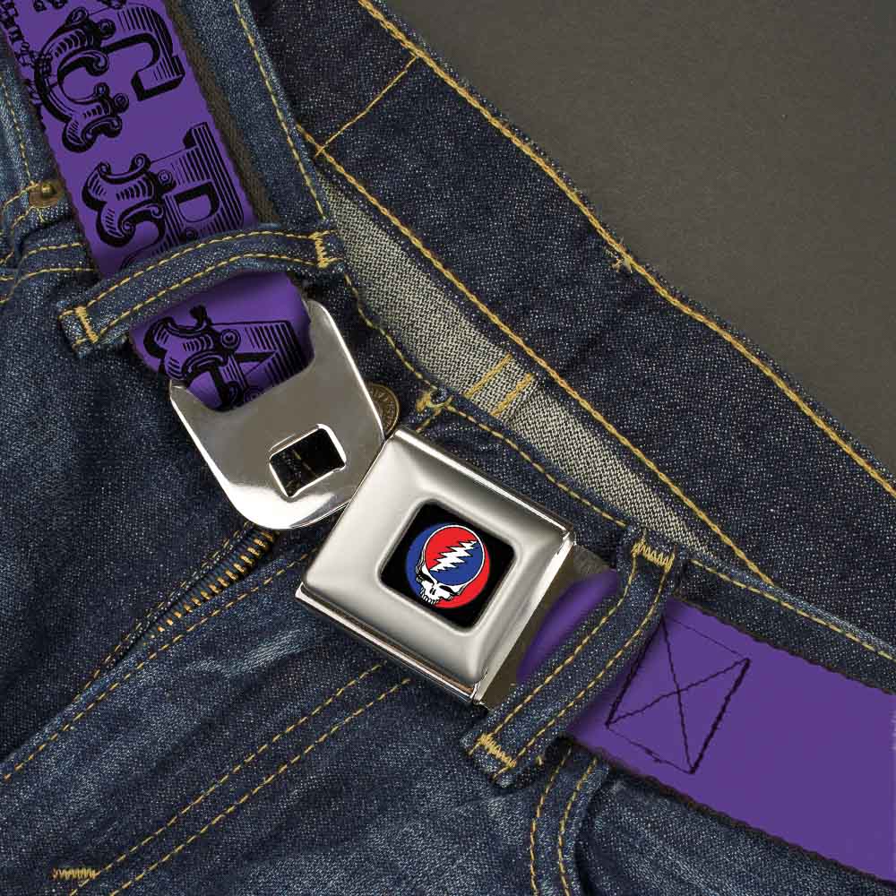 Grateful Dead Seatbelt Belt | Purple/Black Text + Skull & Roses