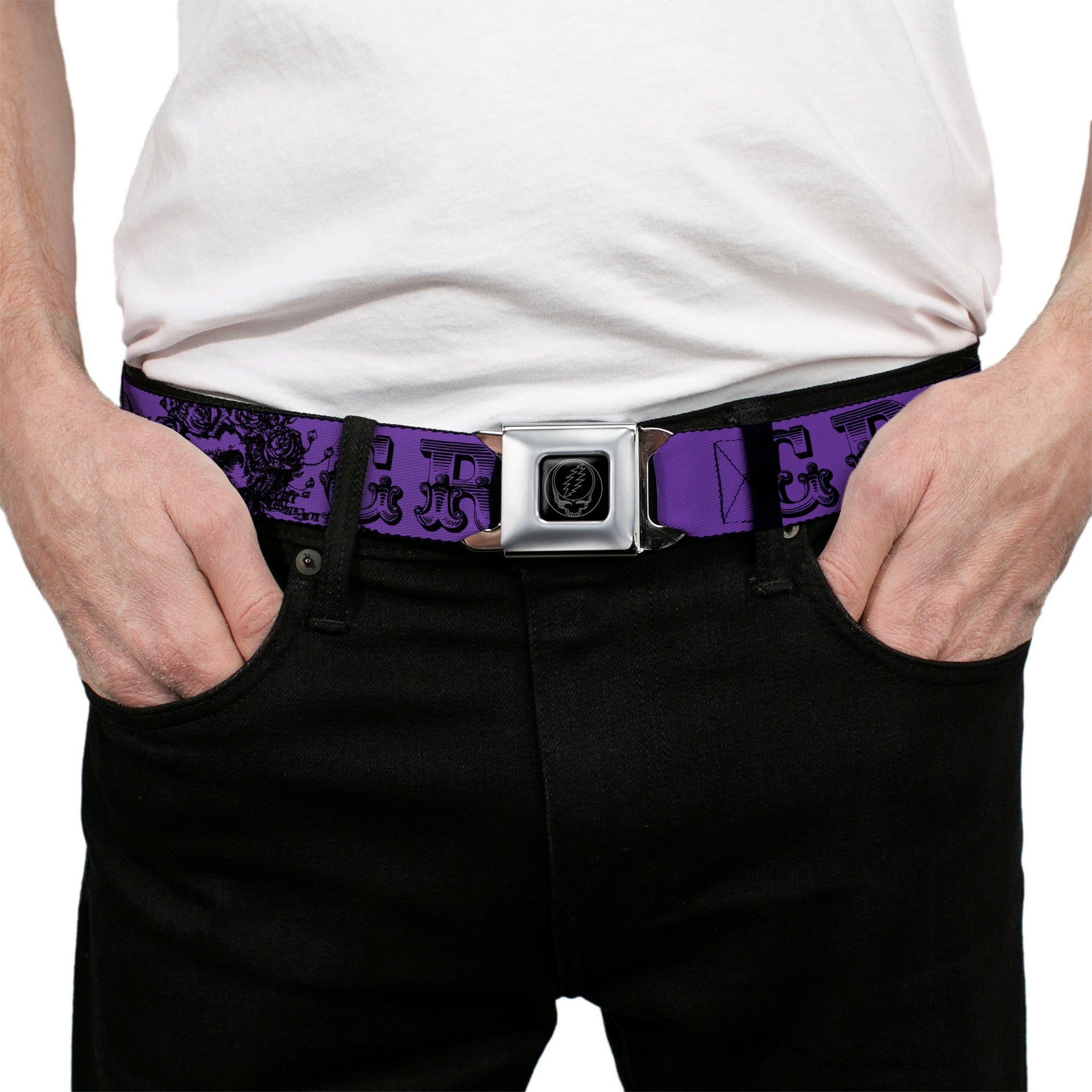 Grateful Dead Seatbelt Belt | Purple/Black Text + Skull & Roses
