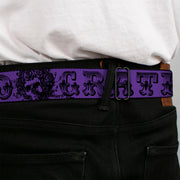 Grateful Dead Seatbelt Belt | Purple/Black Text + Skull & Roses
