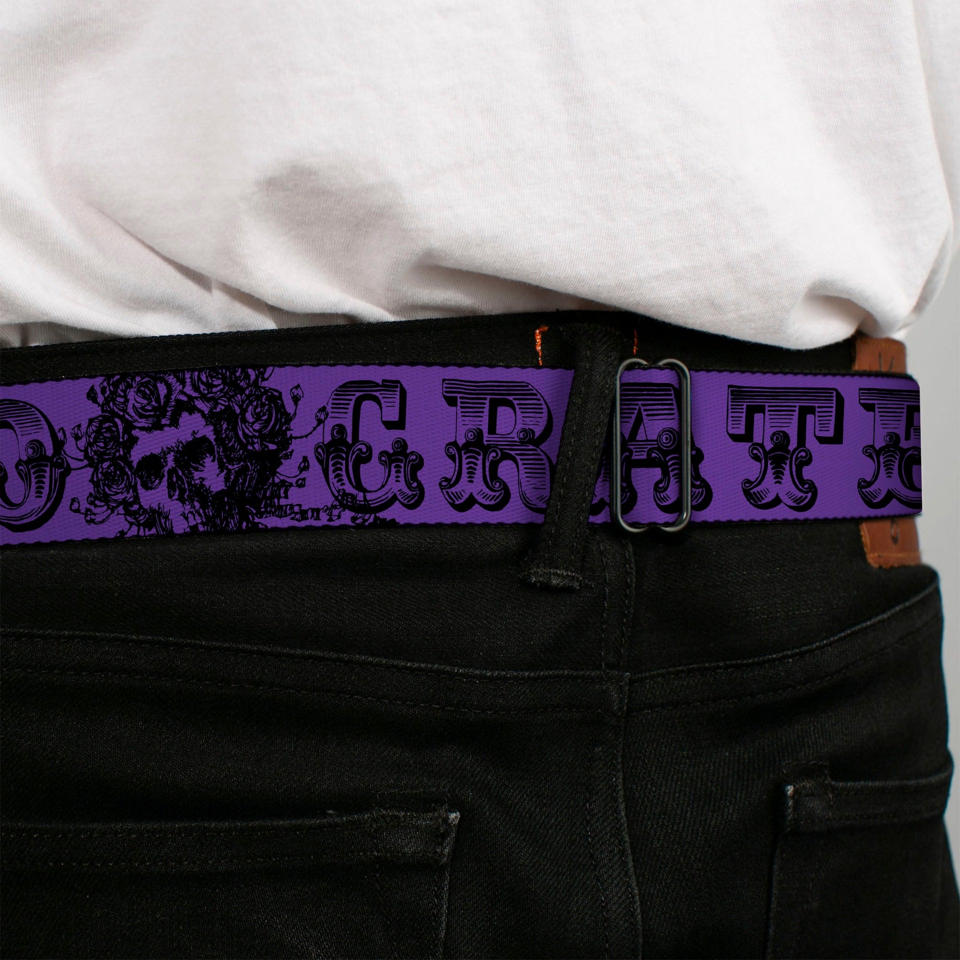Grateful Dead Seatbelt Belt | Purple/Black Text + Skull & Roses