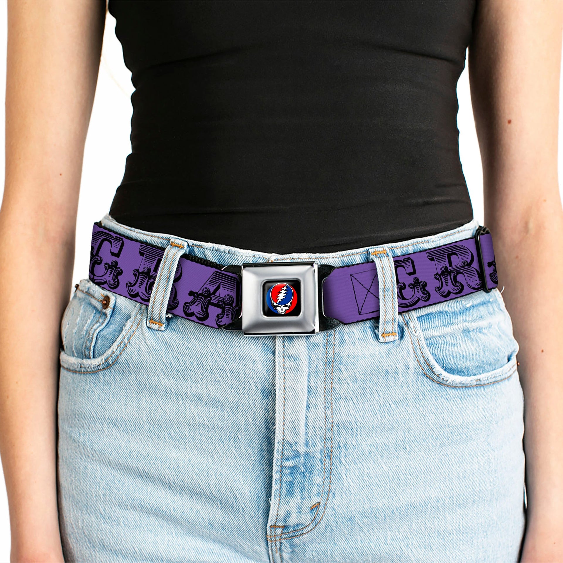 Grateful Dead Seatbelt Belt | Purple/Black Text + Skull & Roses
