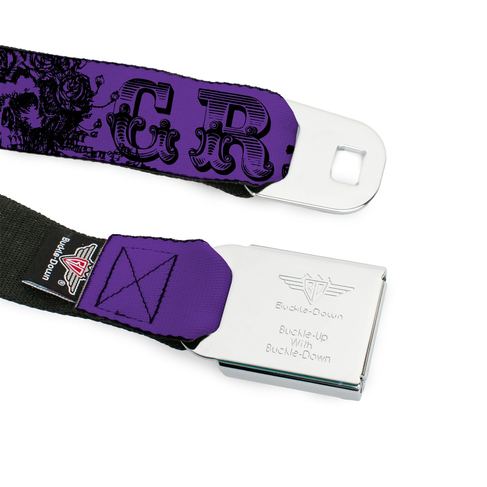 Grateful Dead Seatbelt Belt | Purple/Black Text + Skull & Roses