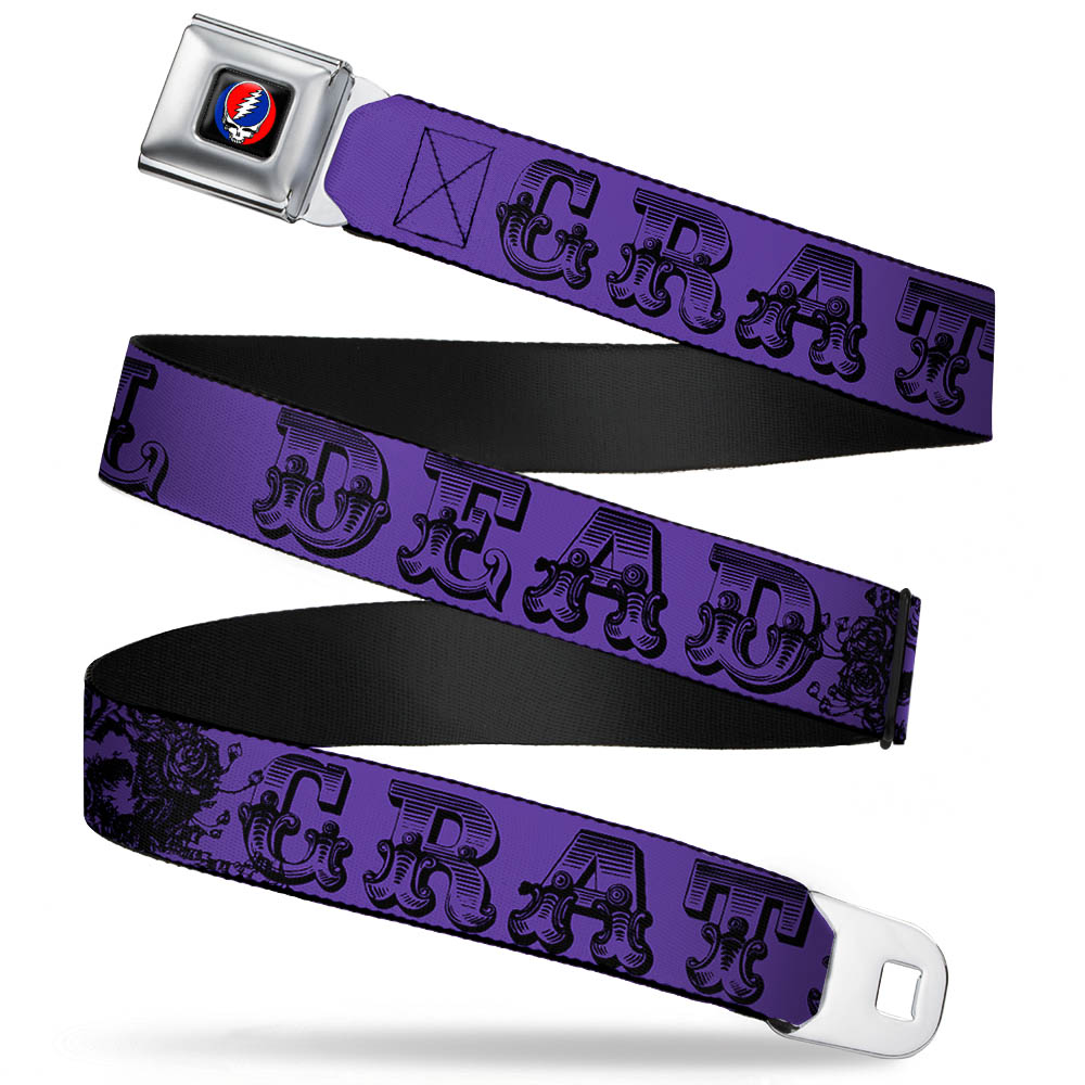Grateful Dead Seatbelt Belt | Purple/Black Text + Skull & Roses