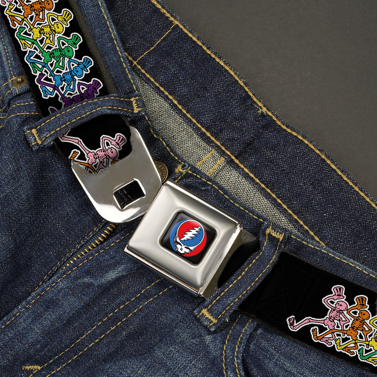 Grateful Dead Seatbelt Belt | Rainbow Dancing Skeletons