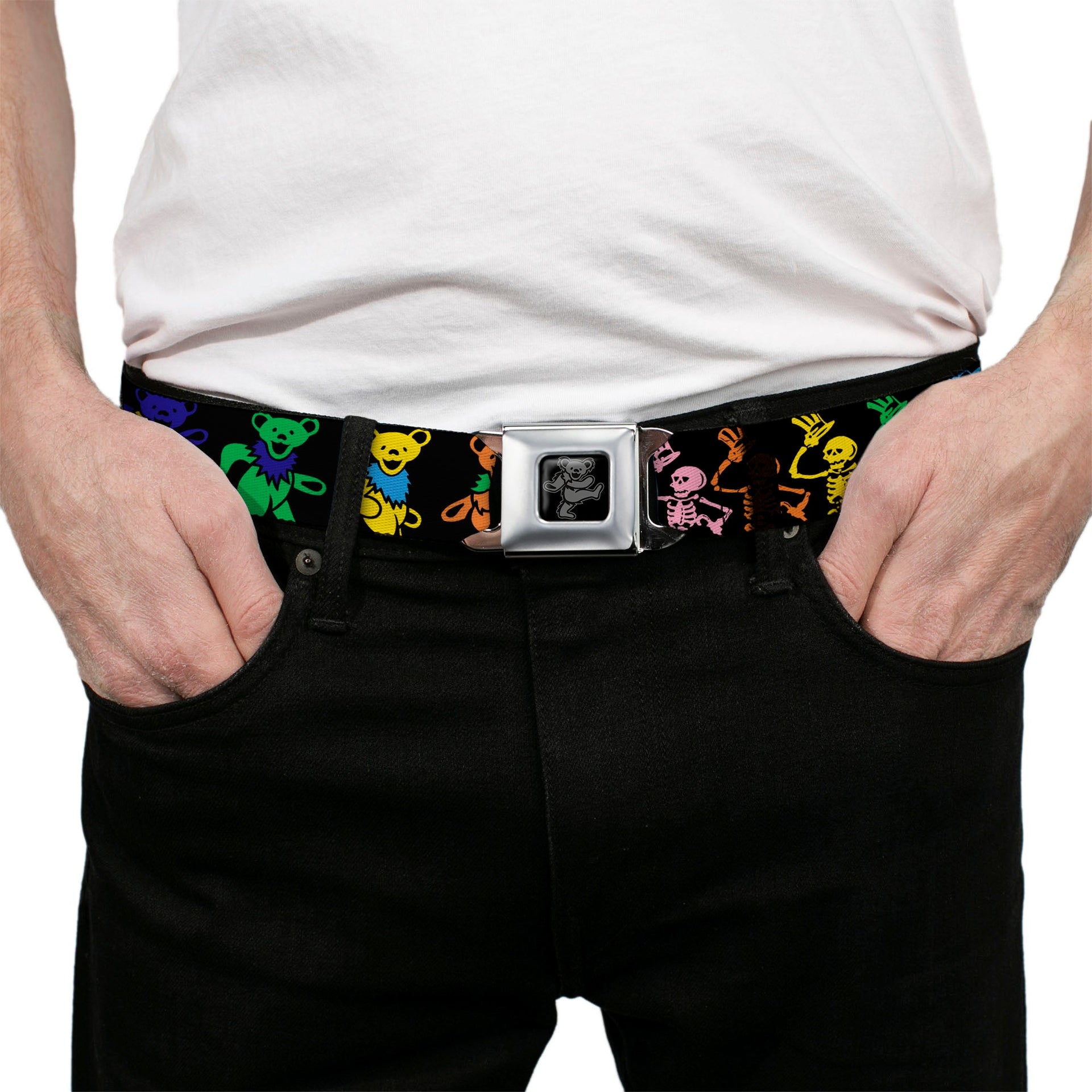 Grateful Dead Seatbelt Belt | Rainbow Script Text with Dancing Bears + Skeletons