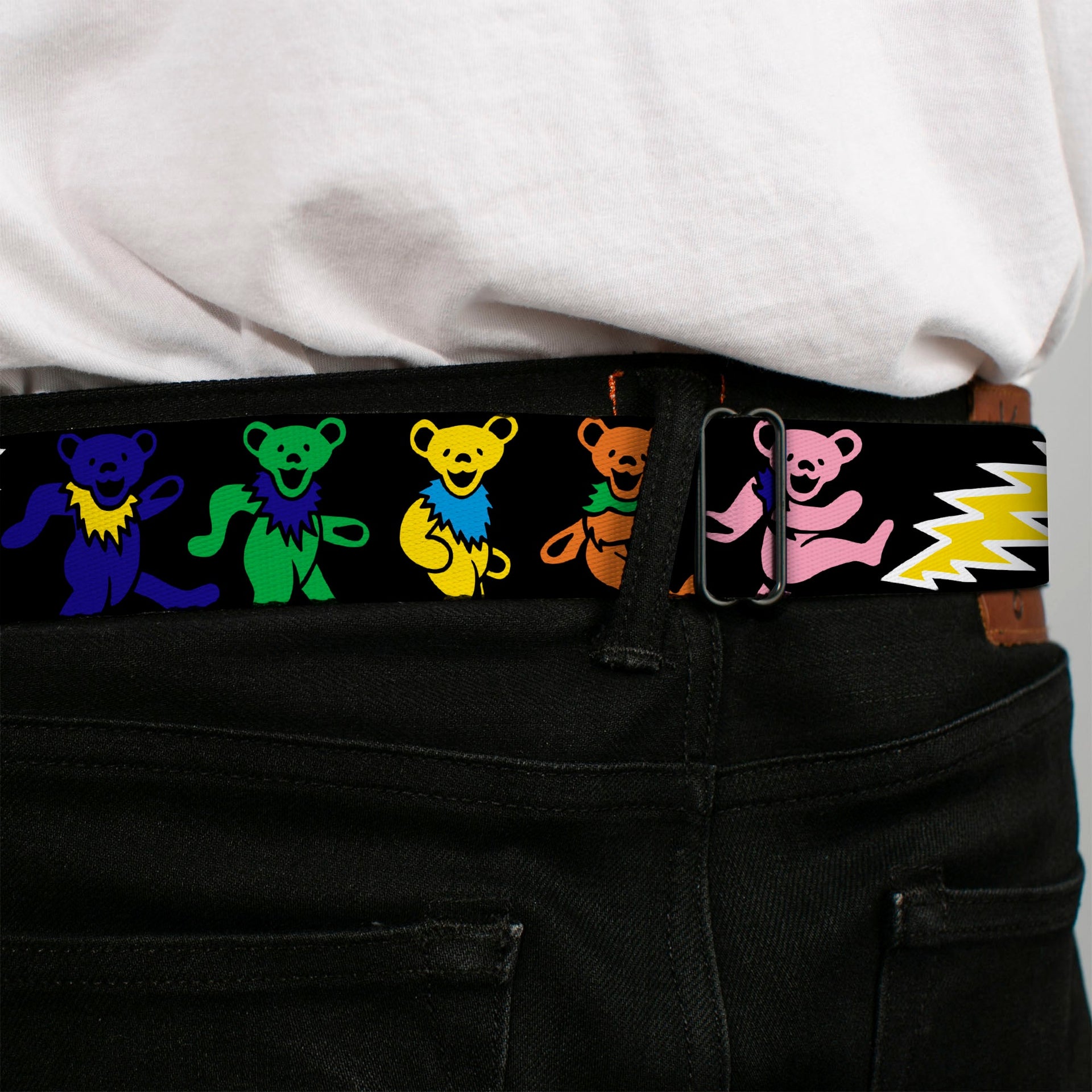 Grateful Dead Seatbelt Belt | Rainbow Script Text with Dancing Bears + Skeletons